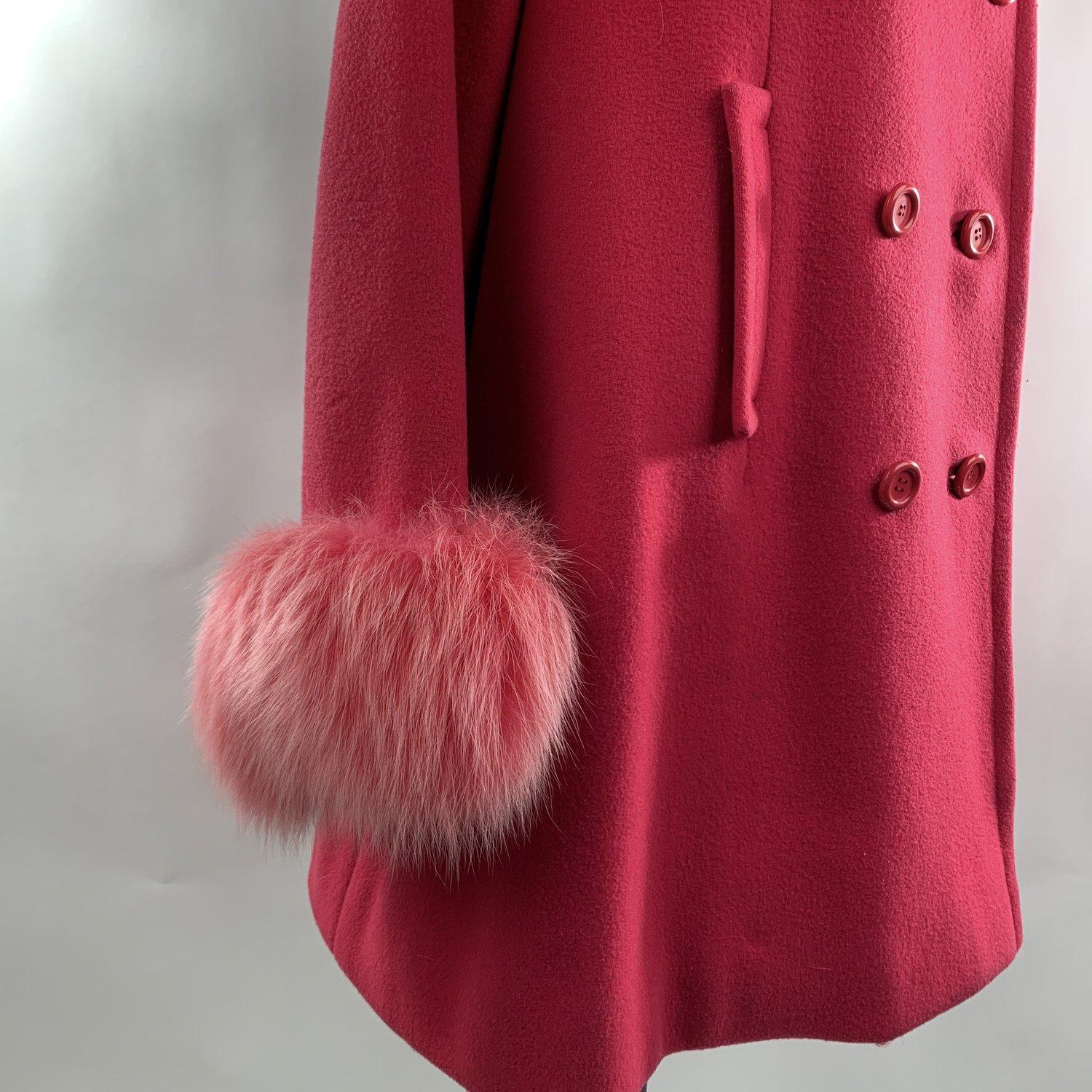 Unsigned Vintage Hot Pink Wool Double Breasted Coat with Fox Fur Trim 2