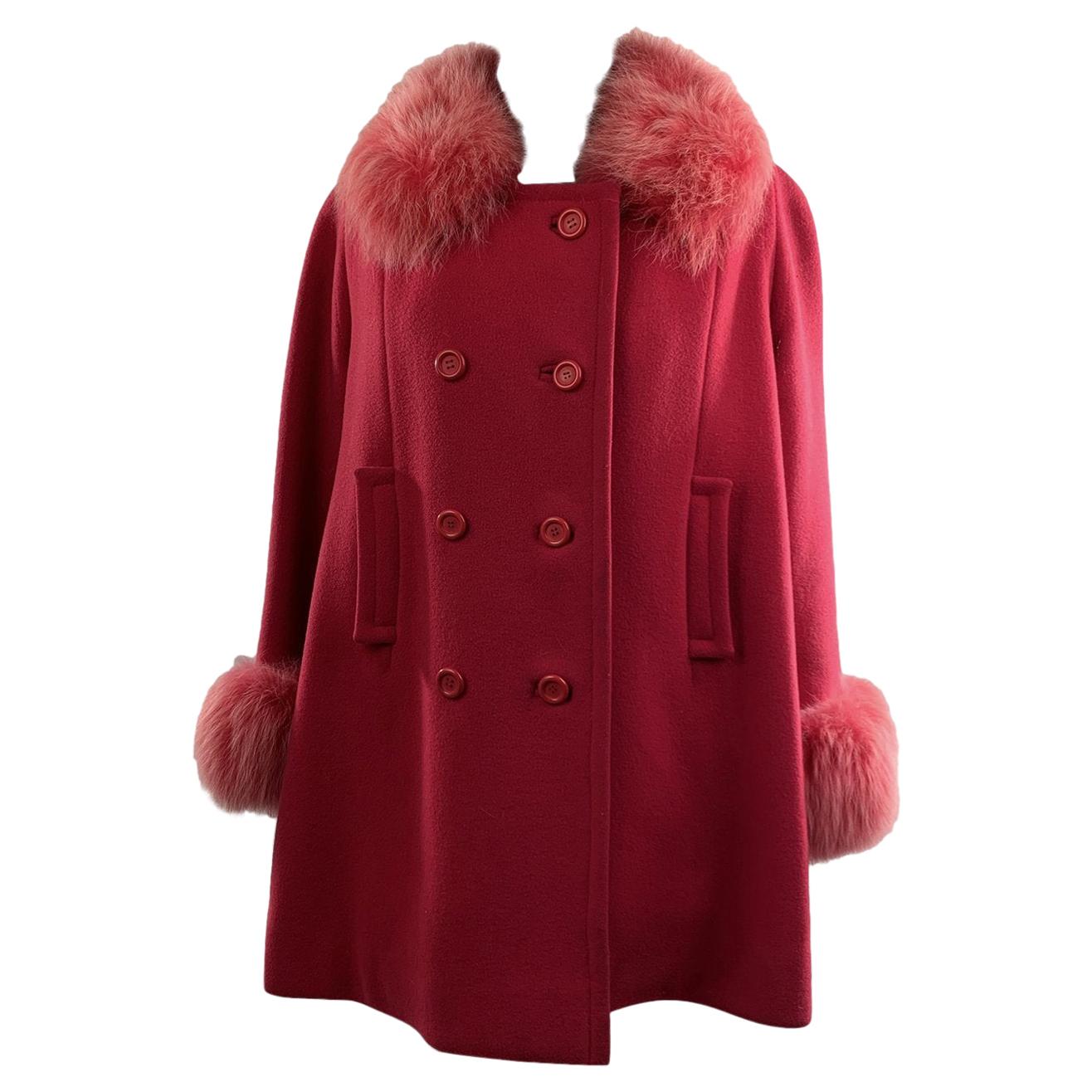 Unsigned Vintage Hot Pink Wool Double Breasted Coat with Fox Fur Trim