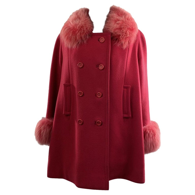 Unsigned Vintage Hot Pink Wool Double Breasted Coat with Fox Fur Trim For Sale at 1stDibs pink