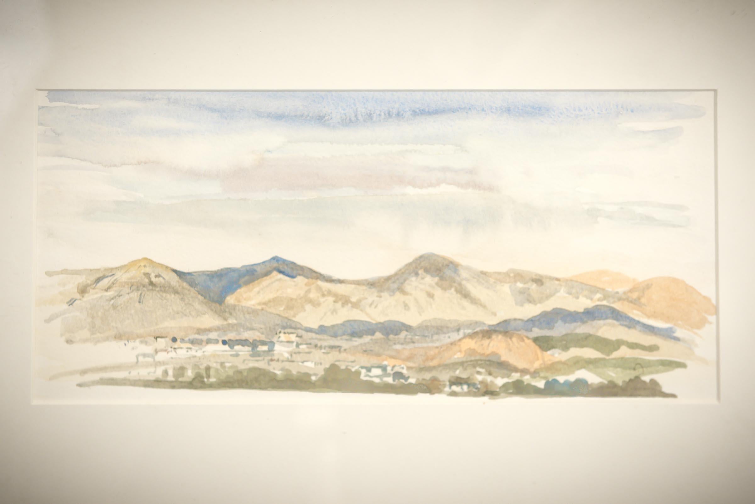 An elegant watercolour which remains unsigned by the artist but this does not dampen the beautiful work that resonates from this piece. With stunning views of rolling hills all depicted in earthy tones. Painted in water colour complete with a wooden