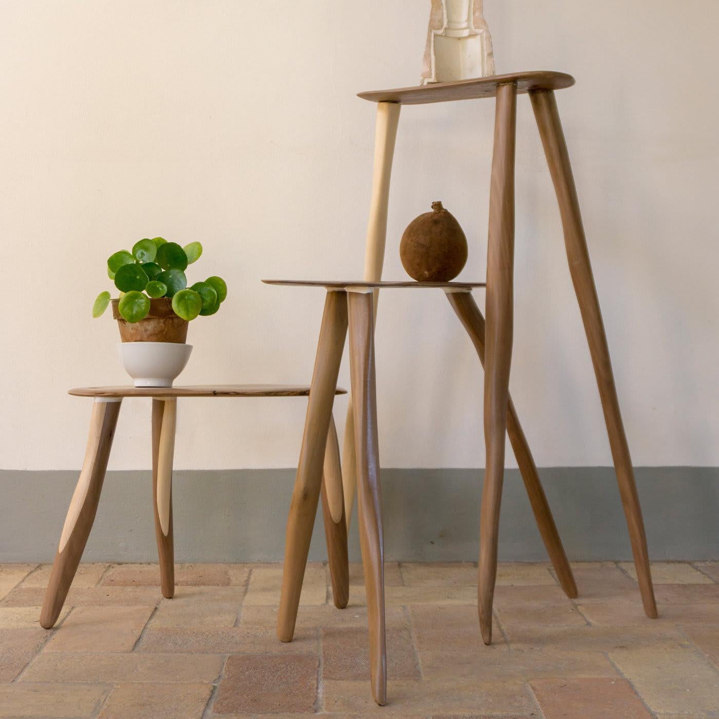 Crafted entirely of scrap wood and leftover cuts of Canaletto walnut and maple, this stylish trio strikes with its sleek profile and tall slanted legs. The sculpted side tables enhance the grain of the wood, guaranteeing a sublime charm and