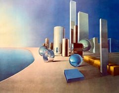 Affiche « Until Now » représentant un paysage urbain surréaliste, par Ralph Hertle, 1970