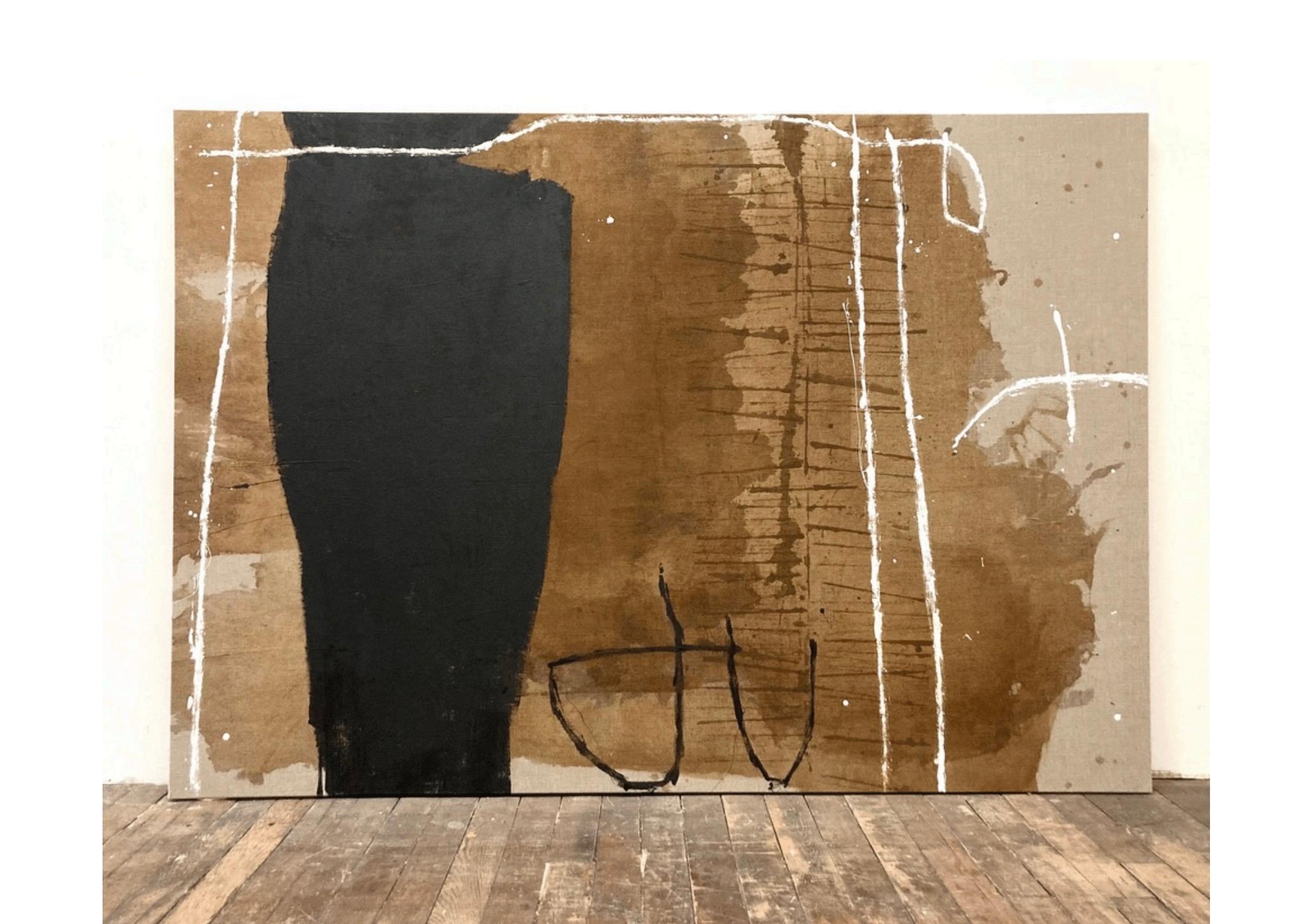 Untitled, 2021 by Meighan Morrison is a large abstract acrylic and ink painting in shades of brown, black and white on linen self wrapped around the stretcher. Bold shapes and gestural, calligraphic strokes create a unique aesthetic of powerful,