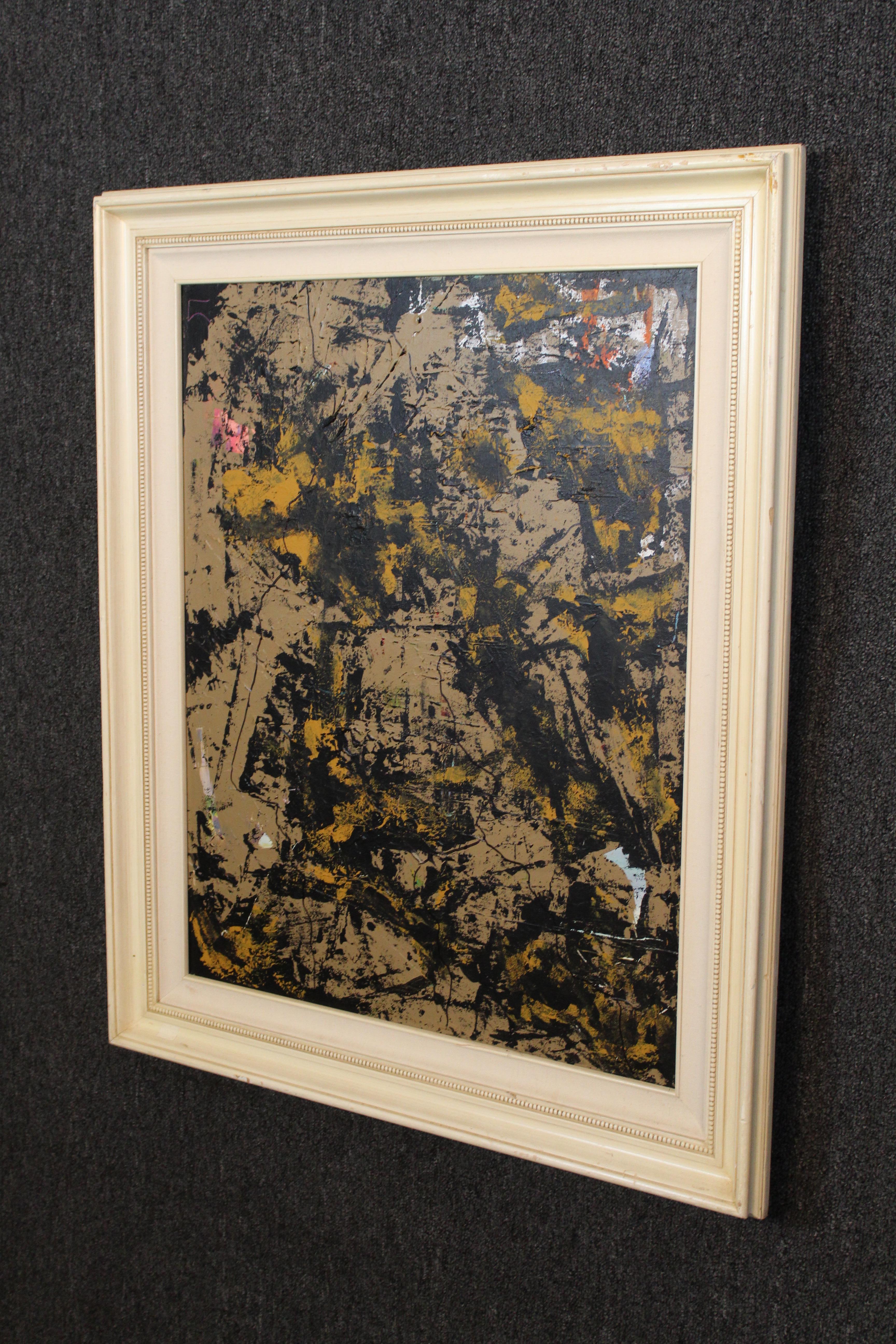 Vertical abstract painting by Bucks County, Pennsylvania artist Dennis Sakelson. Thick stroke painting in white wood frame.
Please confirm location NY or NJ