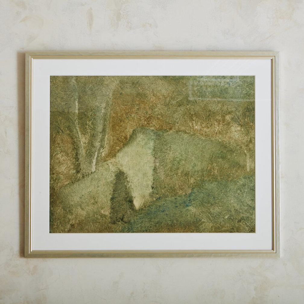A mixed media work on paper by French Artist Robert Ladou, presented under Museum Glass in a custom champagne frame. Circa 1970s. 

Robert Ladou is a Postwar & Contemporary painter who is recognized worldwide for his equestrian portraiture. We