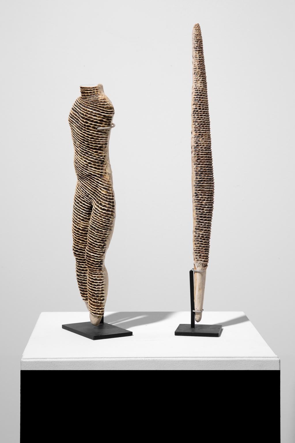 Modern Michele Oka Doner Stoneware Figurines Female Torso w/Legs Phallic Shaped Spear