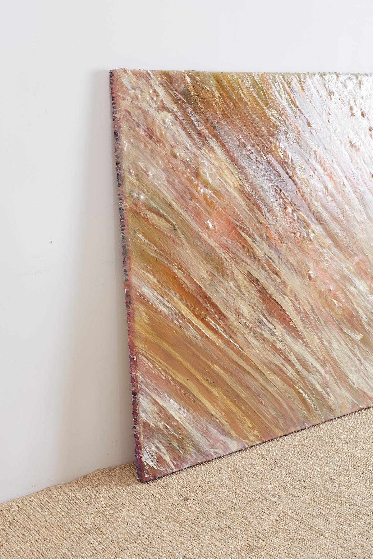 Stunning untitled abstract painting by Bill Kleiman artist/sculptor from Los Angeles, CA. Features an array of colors green, pink, gray, white, and metallic gold. The large painting is made with thick applied paint and almost comes off the canvas,