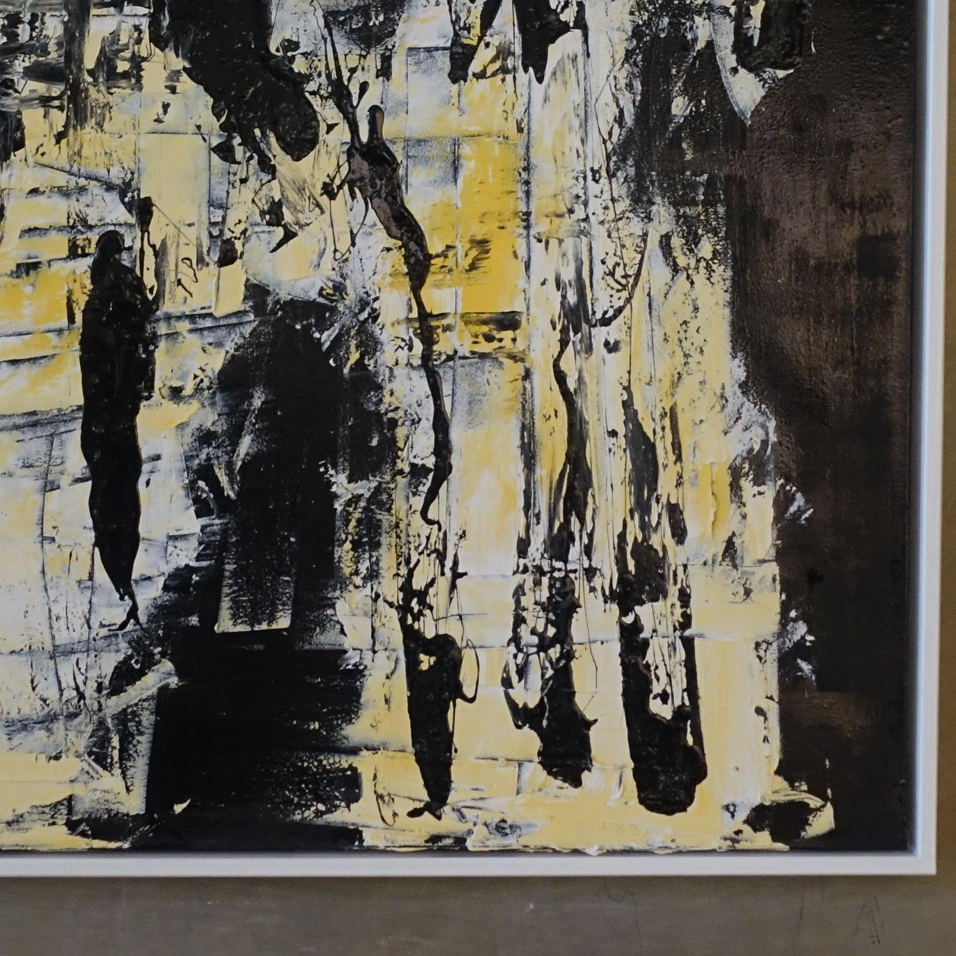 Mixed media on canvas, black, white yellow, plaster and acrylic, white wood Frame Marco Croce, Italy, 2019.