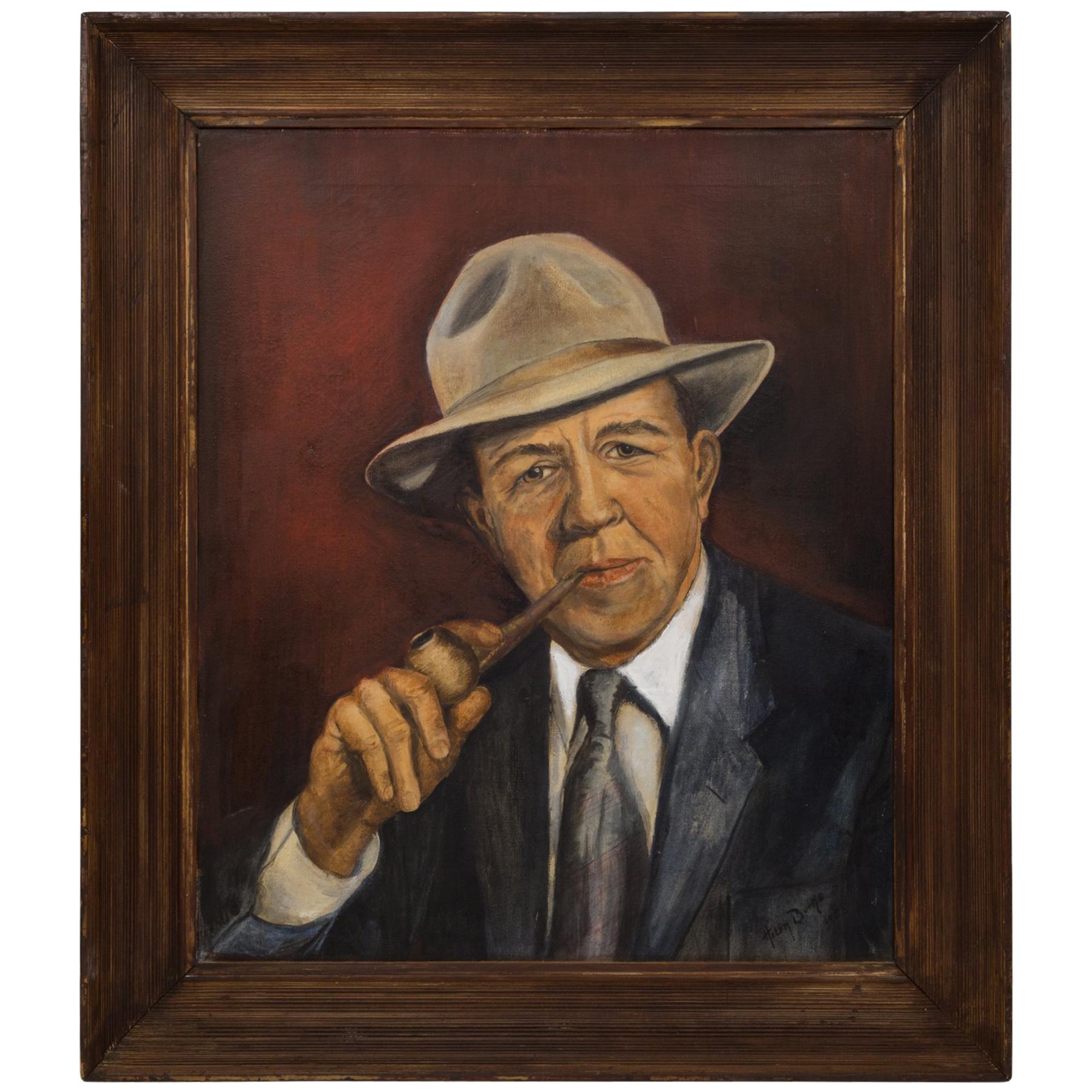 Untitled Acrylic on Canvas Gentleman with Pipe Signed Helen Burke, 1955