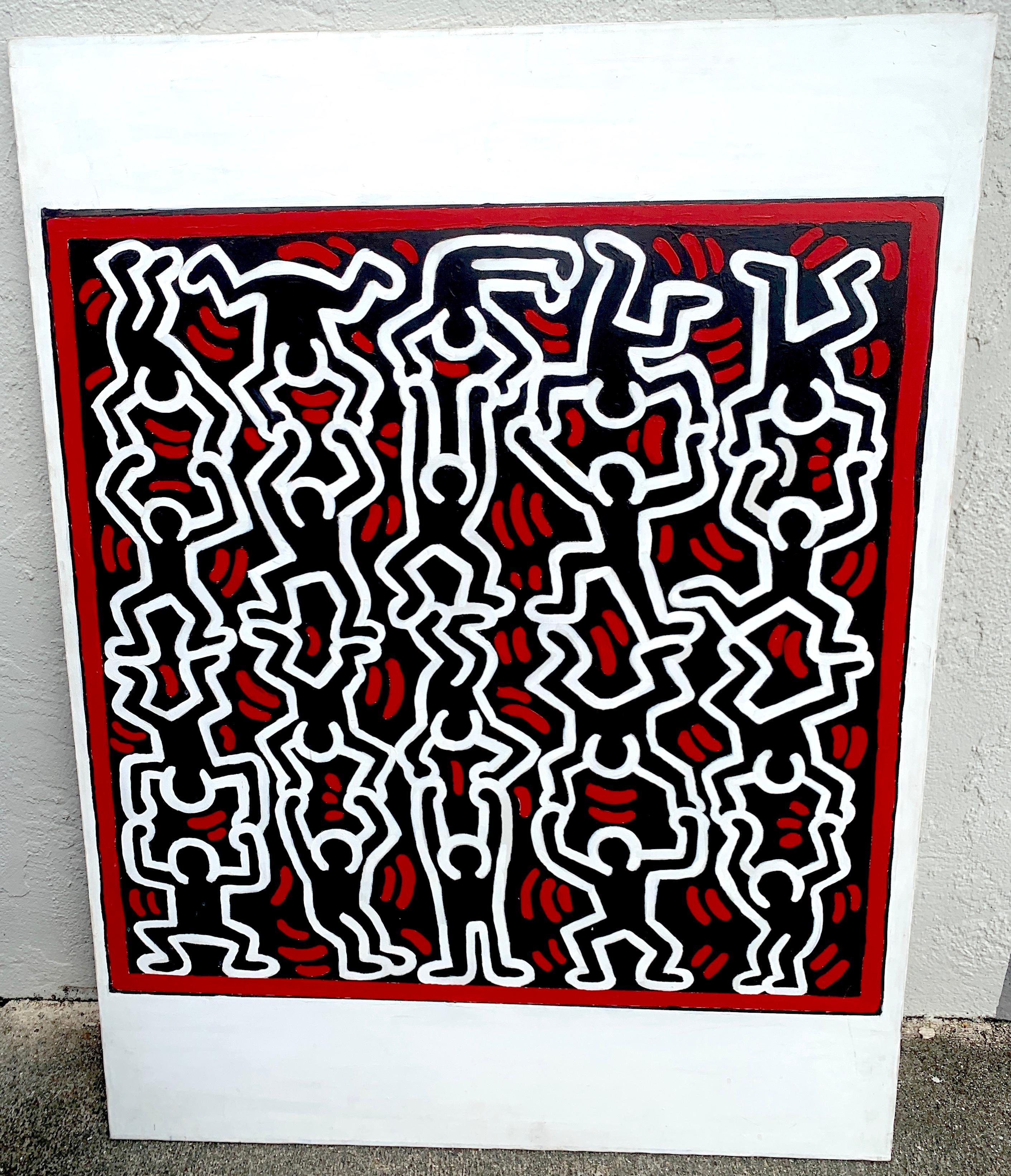 Untitled, After Keith Haring
Vintage unsigned well executed oil on canvas of figures supporting each other, the center image measures 33.5