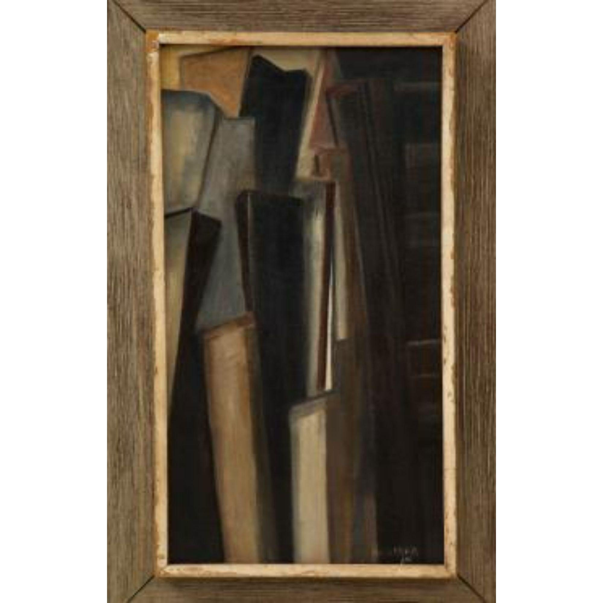 Óleo sobre lienzo expresionista abstracto negro y marrón sin título, firmado 