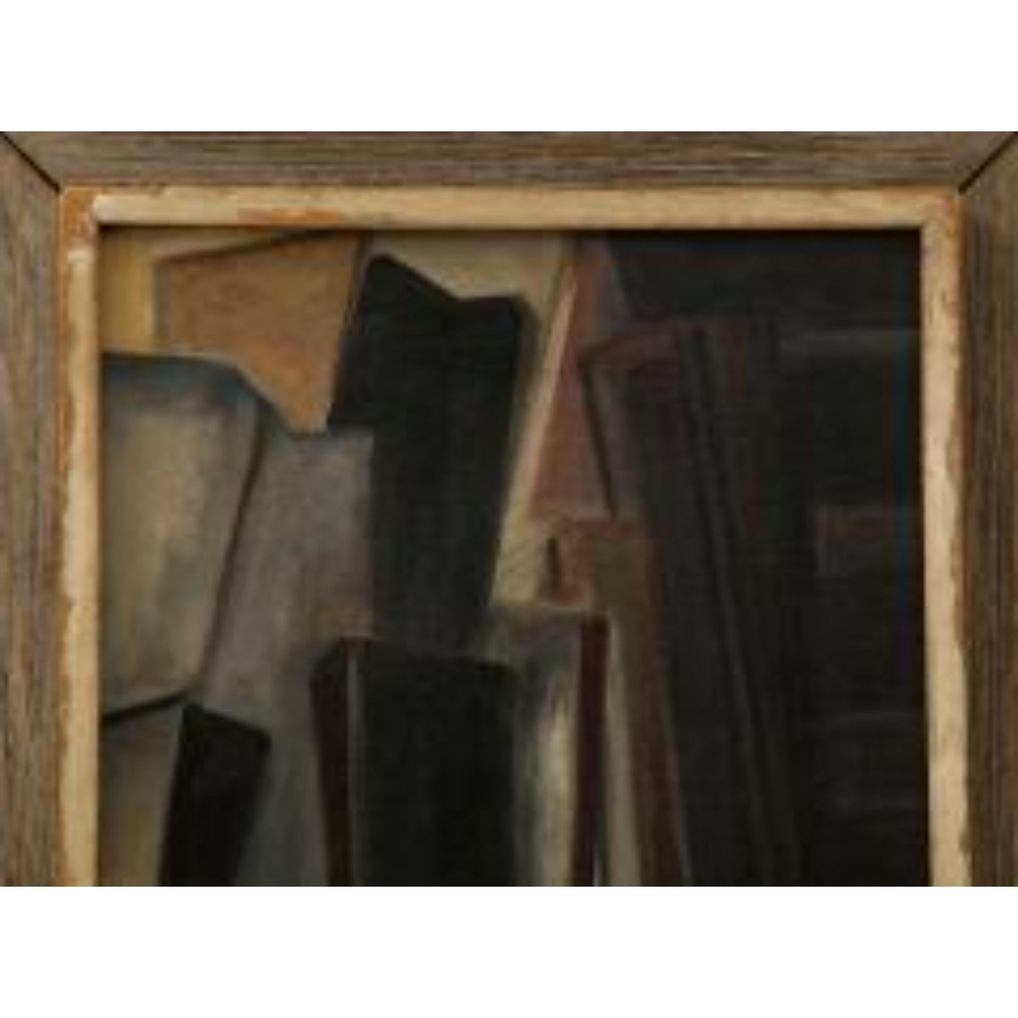 Óleo sobre lienzo expresionista abstracto negro y marrón sin título, firmado 