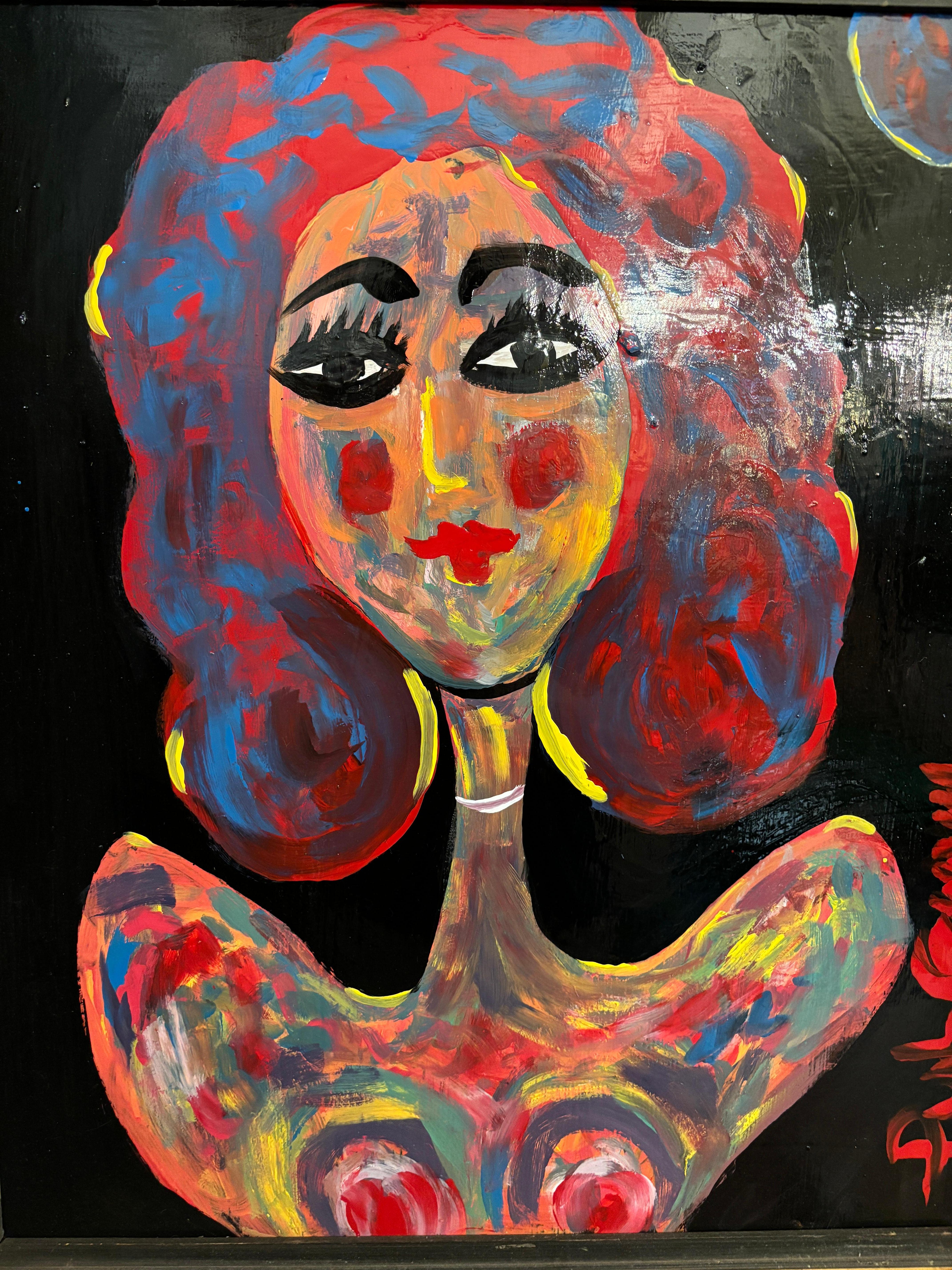 Vivo cuadro abstracto de Thomas Pulgini, con una mujer en colores vivos sobre fondo negro. Artista firmado con pintura roja. Bien enmarcado con madera. Pulgini nació en 1965 en Wilmington, Delaware, y es conocido sobre todo por sus retratos