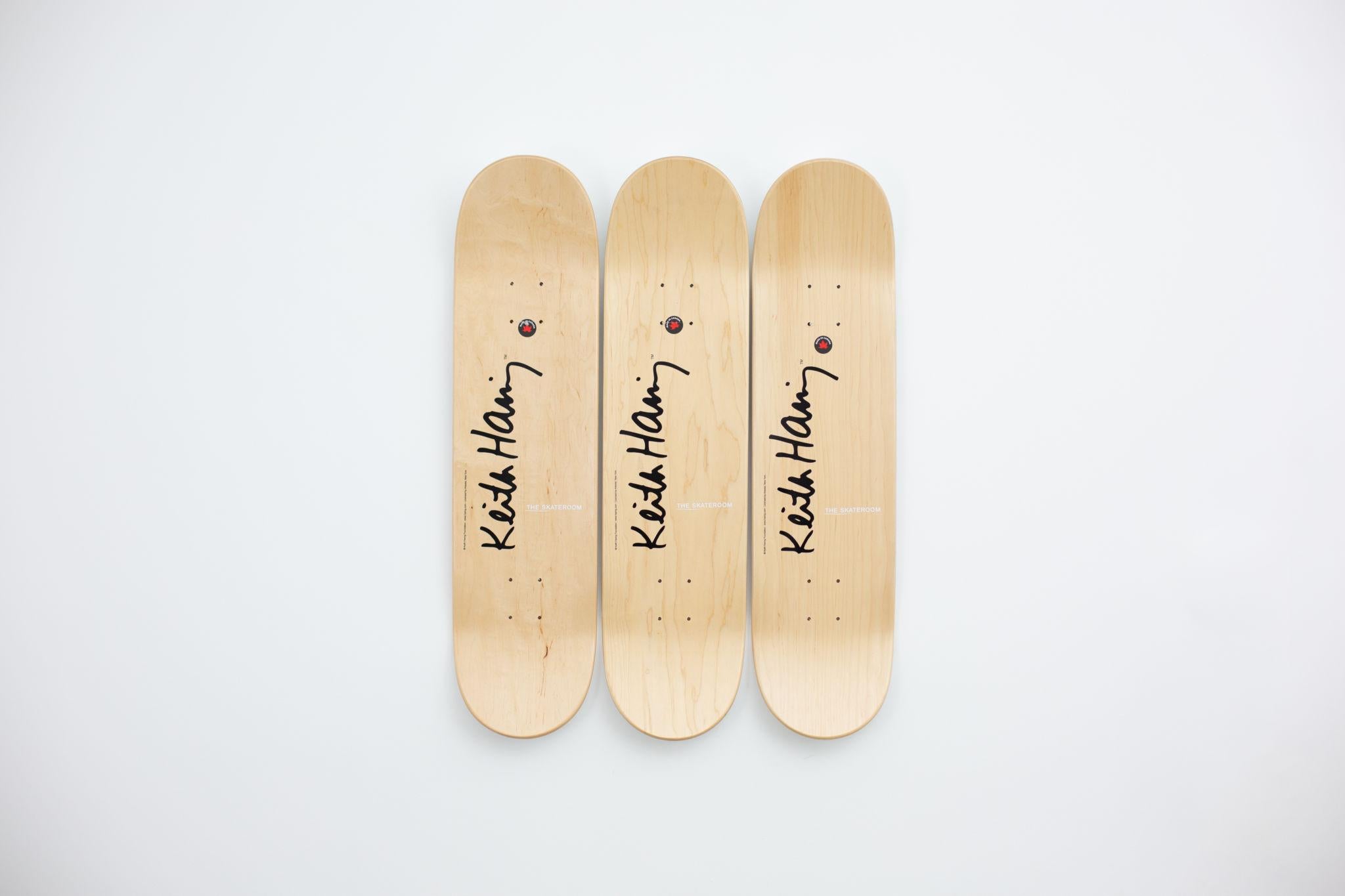 The Skateroom w/ ©Keith Haring Foundation
Set of 3 skateboard decks
7-Ply Canadian Maplewood with screen-print
31 H x 8 inches, each
Mounting hardware included
Open edition (screen-printed signature)
Licensed by Artestar, New York

This