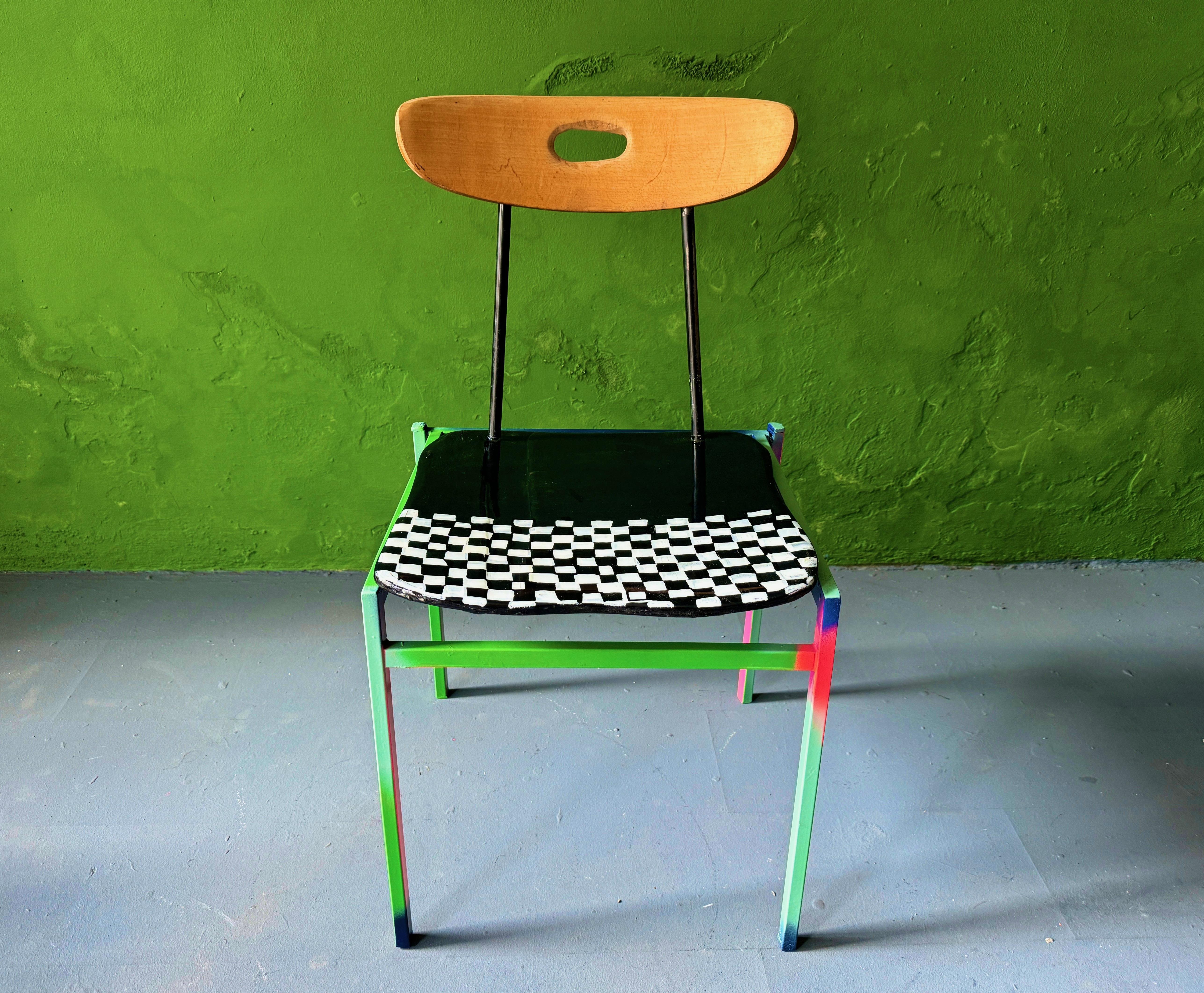 Combination of two typical 1950's chairs. Spraypainted, painted and multi-lacquered.
•	Info about Markus F. Staab
•	born 1964 in Aschaffenburg, Germany
•	since  1986 active as a visual artist 
•	since  1989 national and international