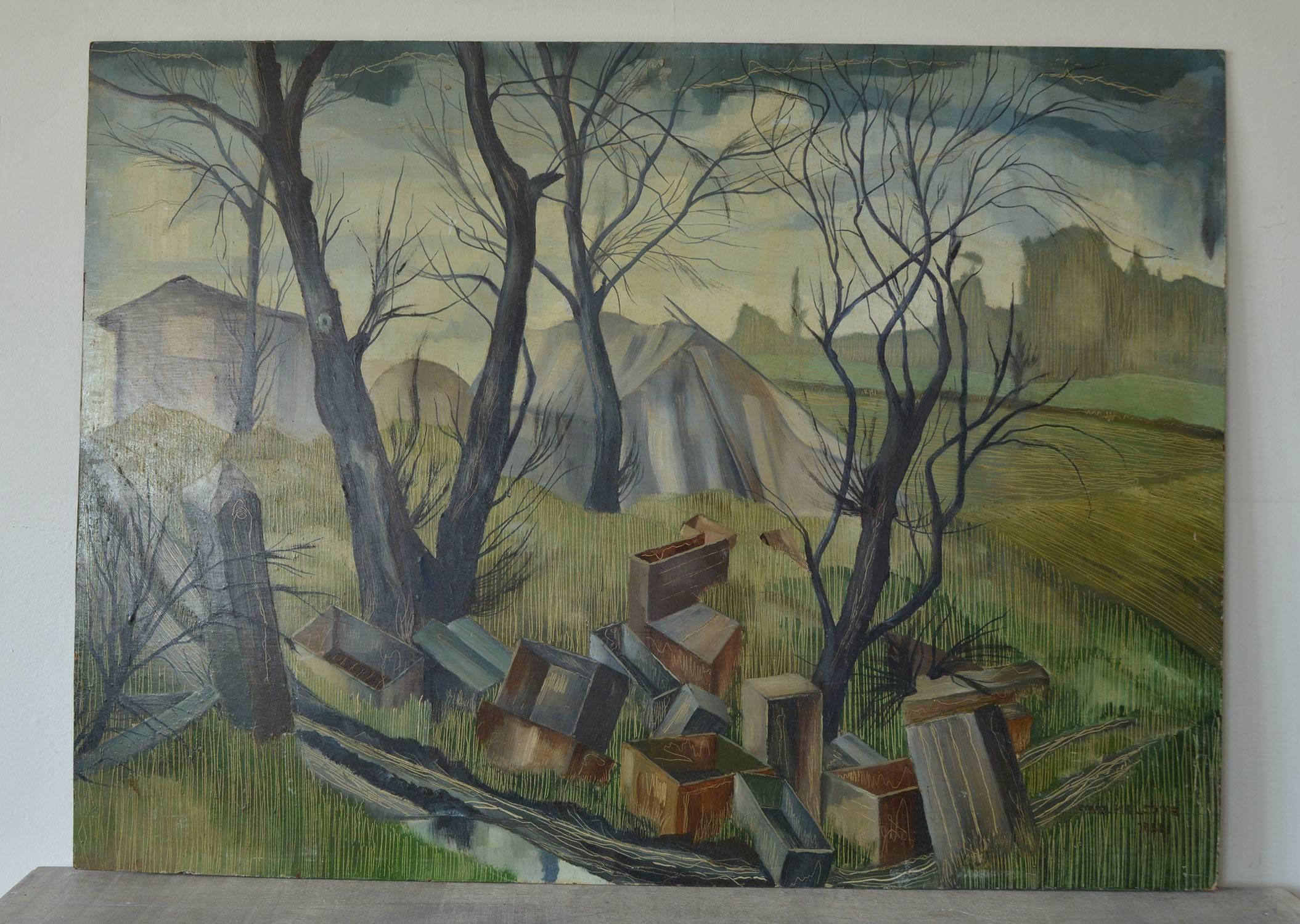 Romantic Untitled. Chaotic Landscape. Acrylic on Board R.Melsome, 1966