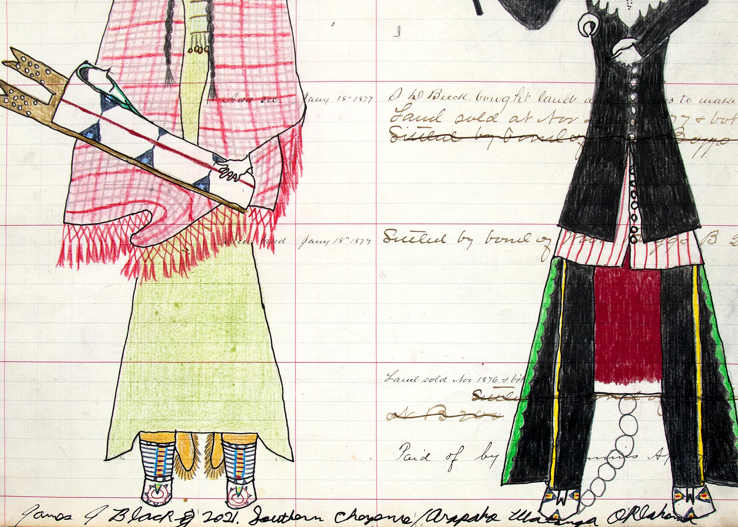 Cheyenne Woman and Man with Baby in Cradle by contemporary Native American artist, James Black, Cheyenne/Arapahoe. Crayon and marker on antique ledger paper marked 