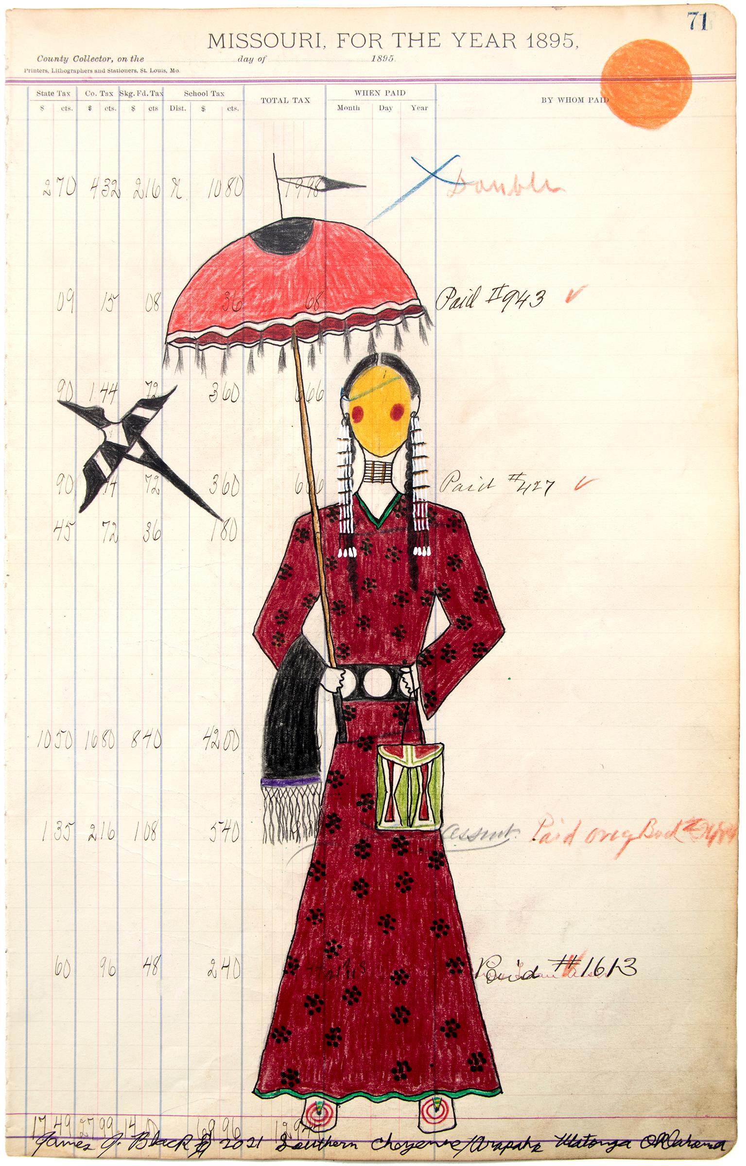 Untitled (Cheyenne Woman with Parfleche and Umbrella) is a crayon and marker on antique ledger paper drawing marked 