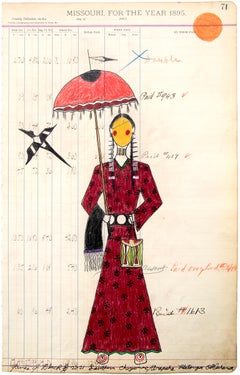 Untitled 'Cheyenne Woman with Parfleche and Umbrella', Ledger Art Drawing