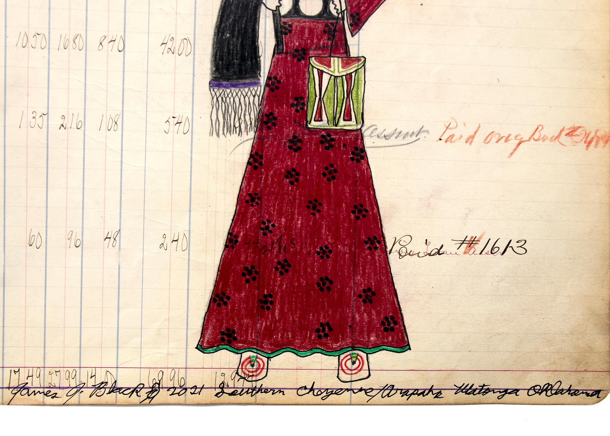 Native American Untitled 'Cheyenne Woman with Parfleche and Umbrella', Ledger Art Drawing