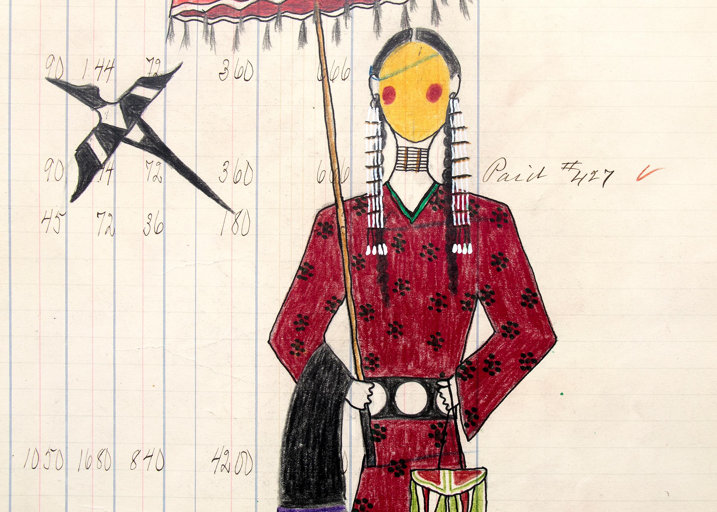 Painted Untitled 'Cheyenne Woman with Parfleche and Umbrella', Ledger Art Drawing