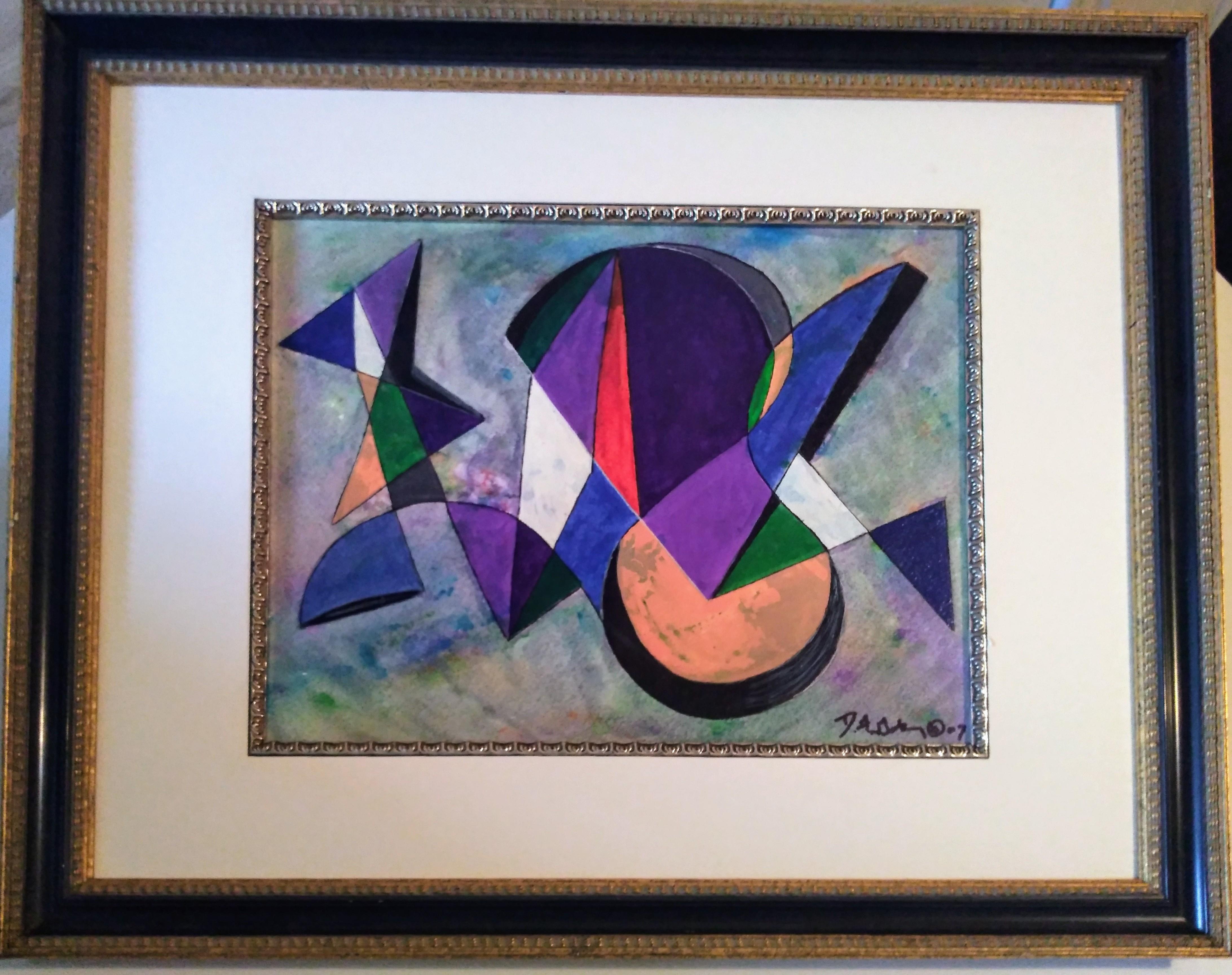 David F. Gatling is an outsider artist who got his start in the art world in Houston, Texas. This is an early work of the artist. It's watercolor and acrylic on paper. It displays bright colors and geometric shapes objectively connecting. 

David is