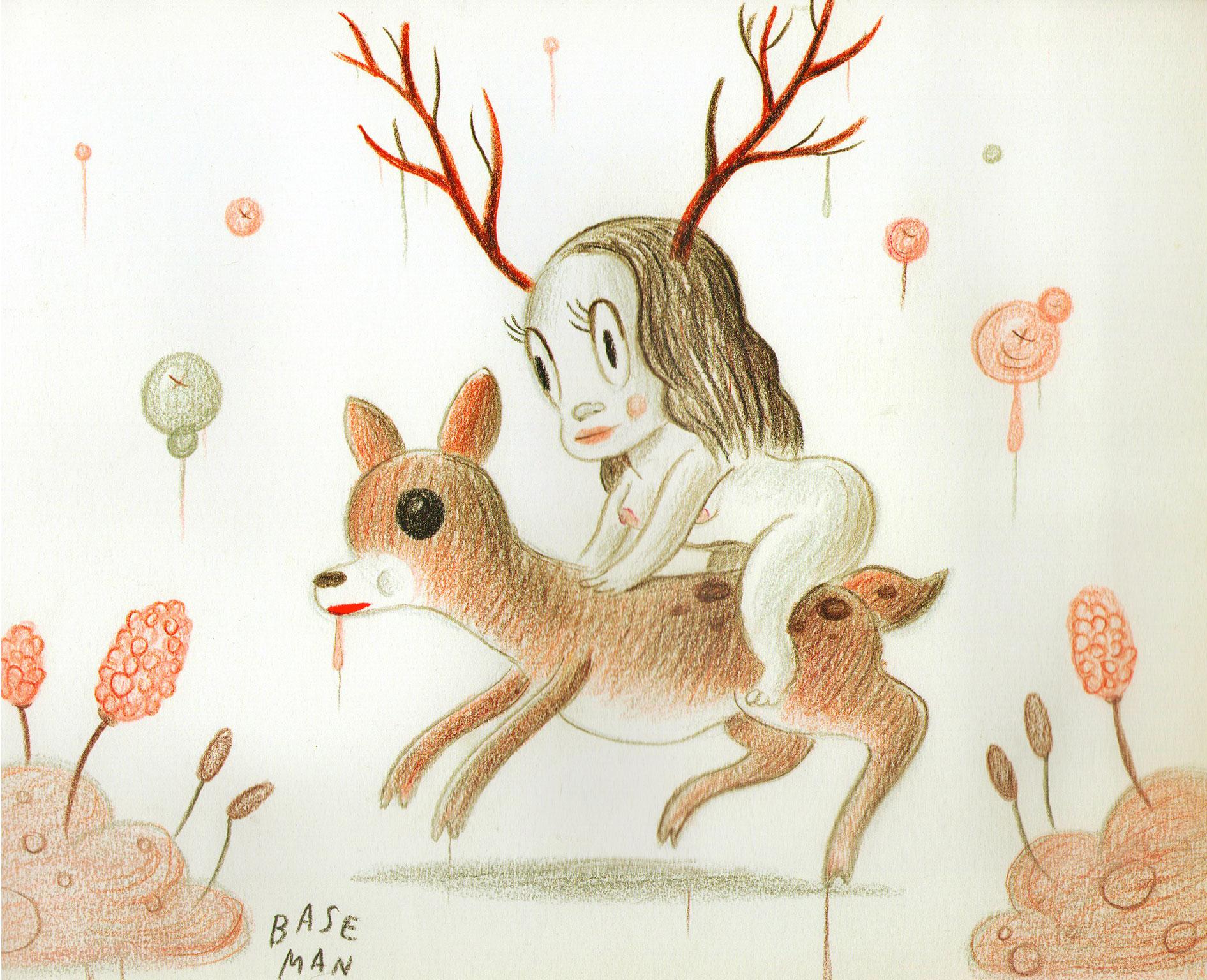 Unique drawing by American Pop Artist Gary Baseman, with framing handpicked by the Artist. Price includes the original exhibition frame and worldwide shipping.

“I ran away this spring and hid in the woods. I ran so fast I did not look where I was