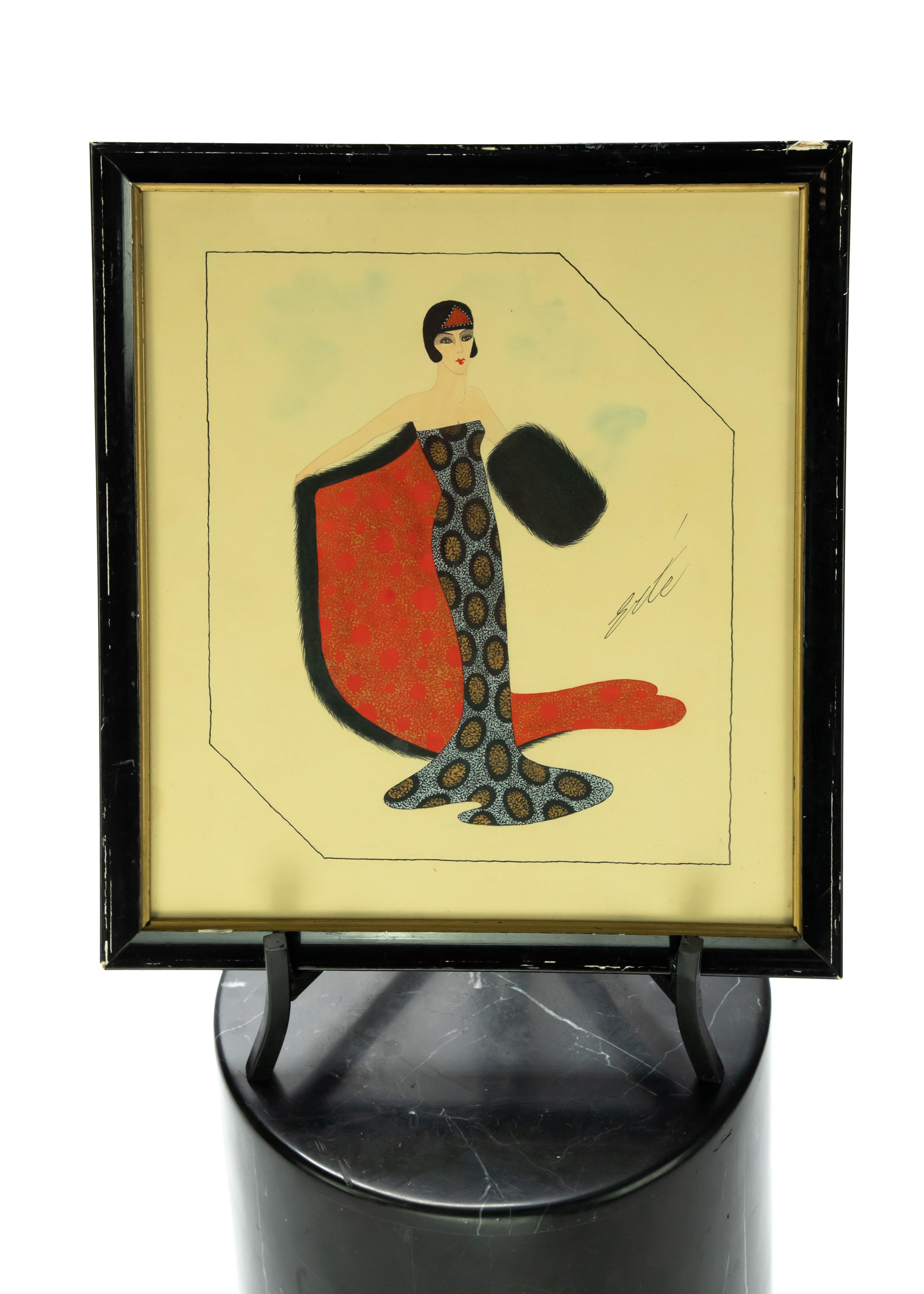 Offering this fabulous Erte' gouache illustration of a stunning woman in a gown. The gown features silver and gold dots in a geometric design. It depicts a cape and muff. The cape is done in a bright red orange color with gold dots accenting. And