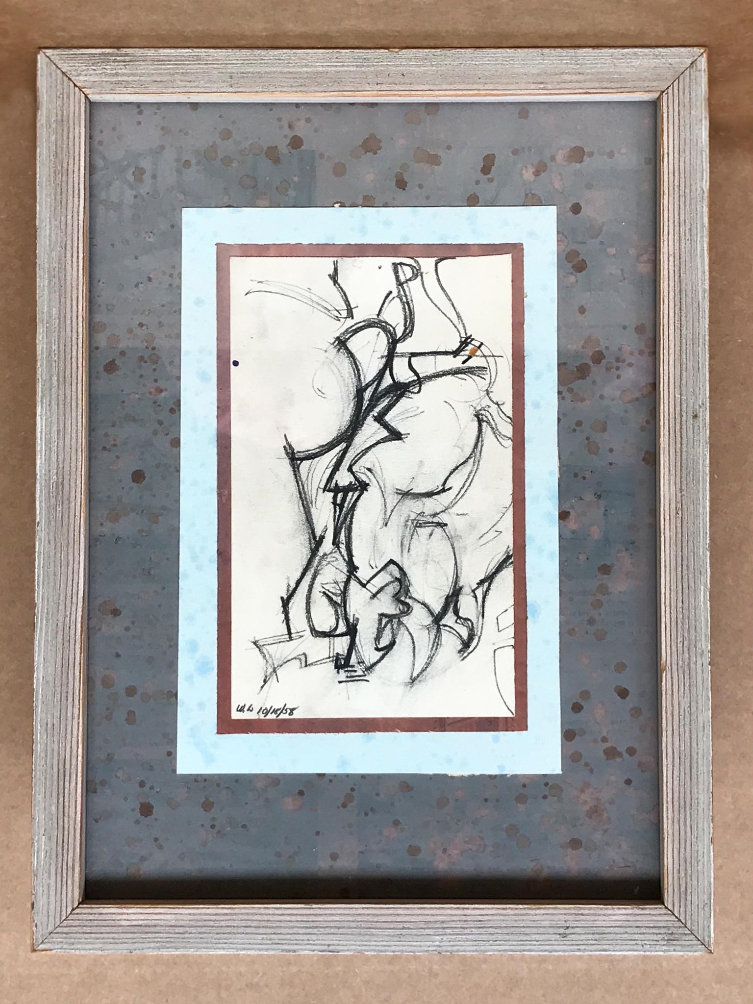 A small conte crayon drawing on paper by the American painter William Horace Littlefield (1902-1969). The artist was based mostly in Provincetown, Massachusetts. Like many of his works, this drawing teeters between recognizable human forms and
