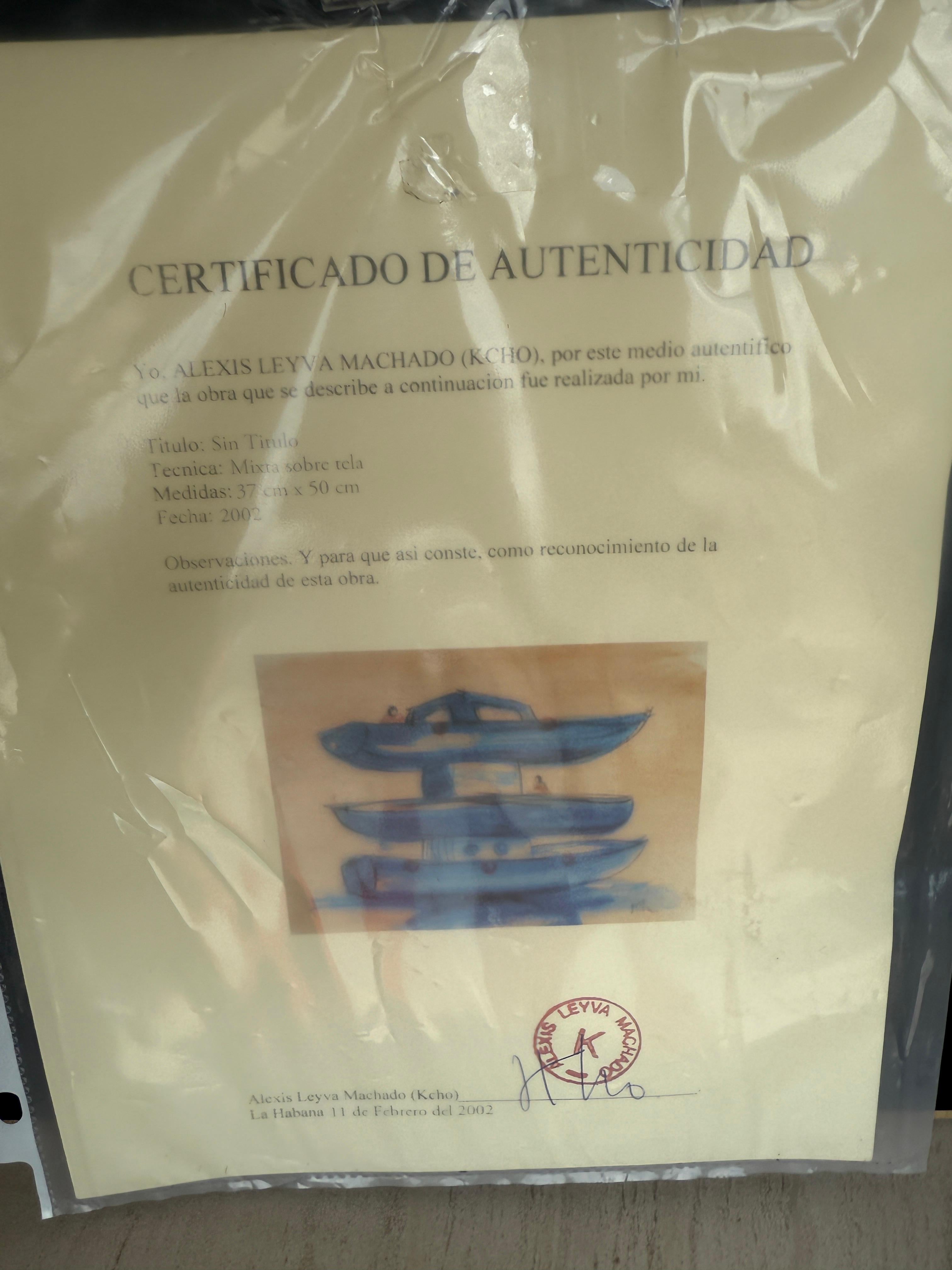 Alexis Leyva Machado (KCHO), geb. 1970, Mischtechnik auf Leinwand, die drei blaue, gestapelte Boote mit Figuren zeigt.  Signiert unten rechts.  Das Gemälde selbst misst 14 x 18 Zoll.  Ein Echtheitszertifikat ist beim Kauf enthalten.