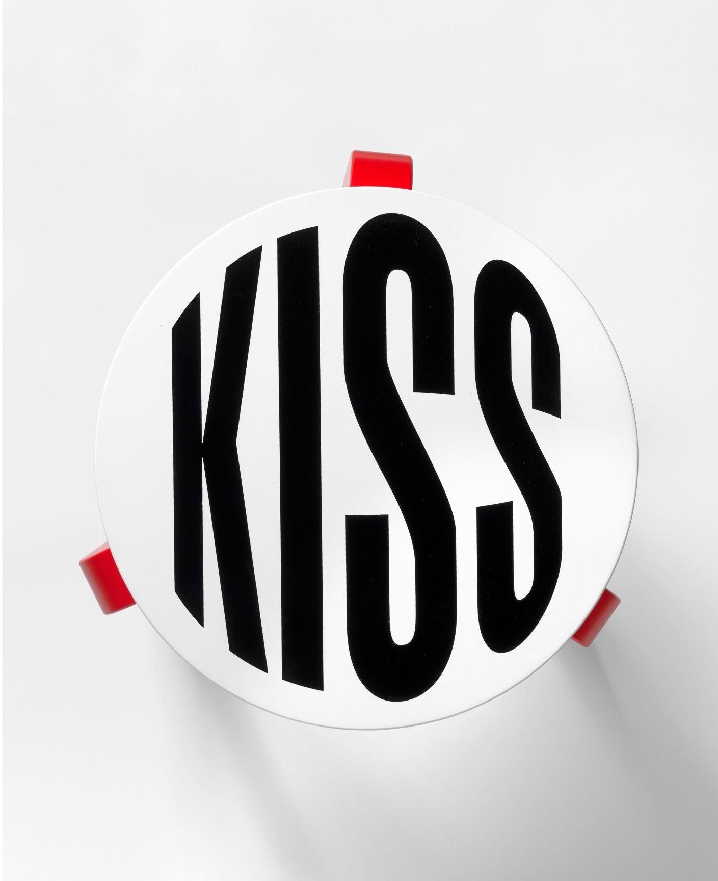 Untitled (Kiss) marries Alvar Aalto’s classic piece of modern furniture design, Stool 60, with a newly commissioned work by conceptual artist Barbara Kruger. Finished in Kruger’s signature black, white and red, this bespoke stool was produced in an