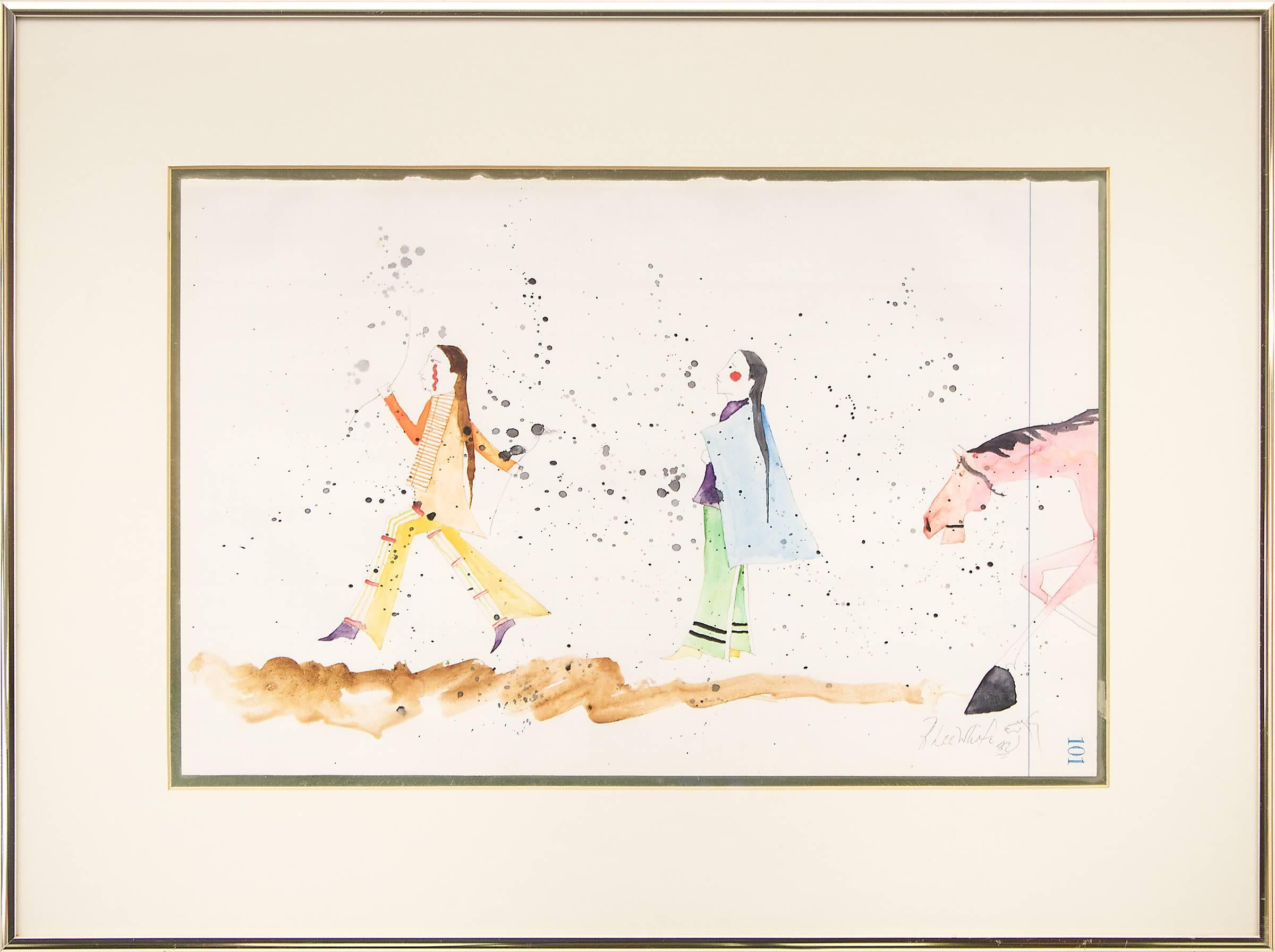 An original painting in the style of a Sioux ledger drawing of two Native American (Plains Indian) figures with a horse by Randy Lee White, also known as Randy Lee Whitehorse (born 1951). Framed dimensions measure 16 x 22 inches. Image size is 10 ¼
