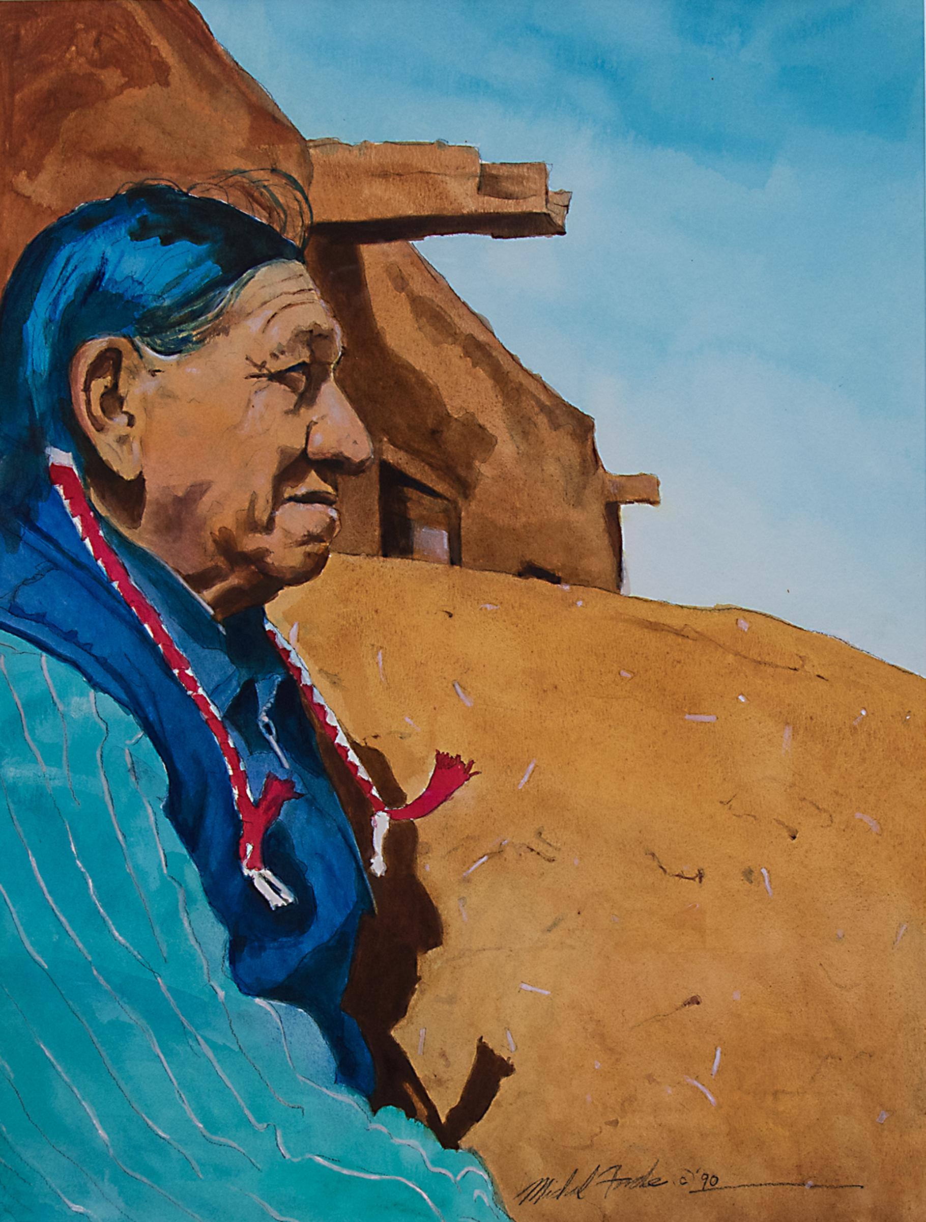 Original watercolor painting of a Native American man and Pueblo at Taos, New Mexico by Michael Forde. Watercolor on paper, signed and dated lower right. Presented in a custom frame with all archival materials, outer dimensions measure 26 ¾ x 21 ¾