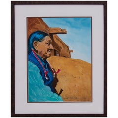 Vintage Untitled 'Native American Man, Taos Pueblo' Original Framed Painting