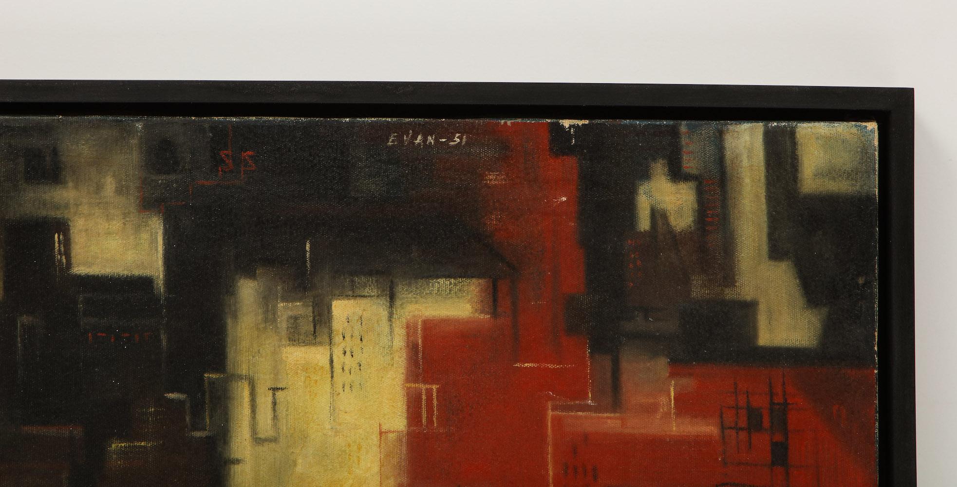 Untitled oil on canvas by Luis Evan. Abstract painting depicting a cityscape, by NYC-based artist Luis Evan. Recently framed.