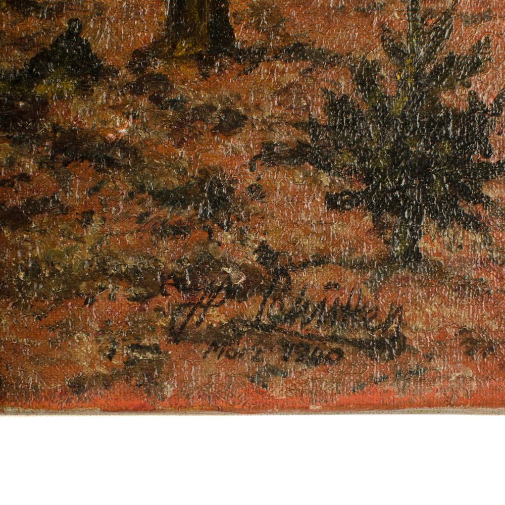 Une peinture à l'huile sans titre représentant une route rurale entourée d'arbres. 
 - Huile sur toile, signée en bas à droite et datée de 1940.
 - Non encadré.