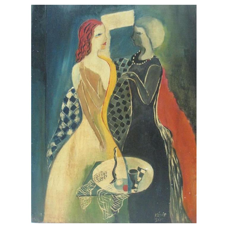 Untitled Painting '2 Women Engaged in Dialogue' by Bela Kadar For Sale