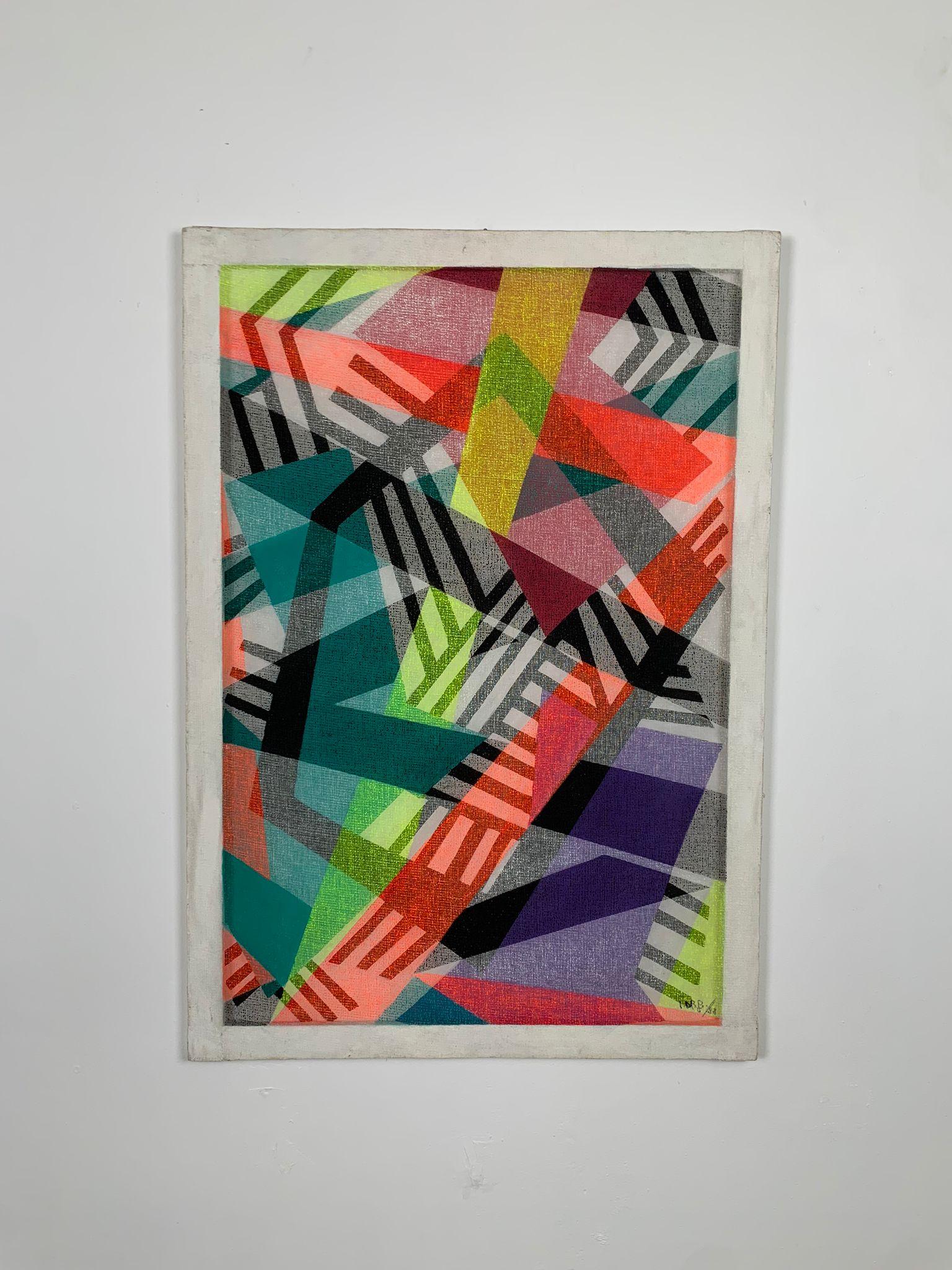In this work from her geometric period, Isa Di Battista Gorini employs gauze as both a structural and poetic element, layering it over the painted surface like a delicate veil that both reveals and conceals. The geometric forms, essential yet never