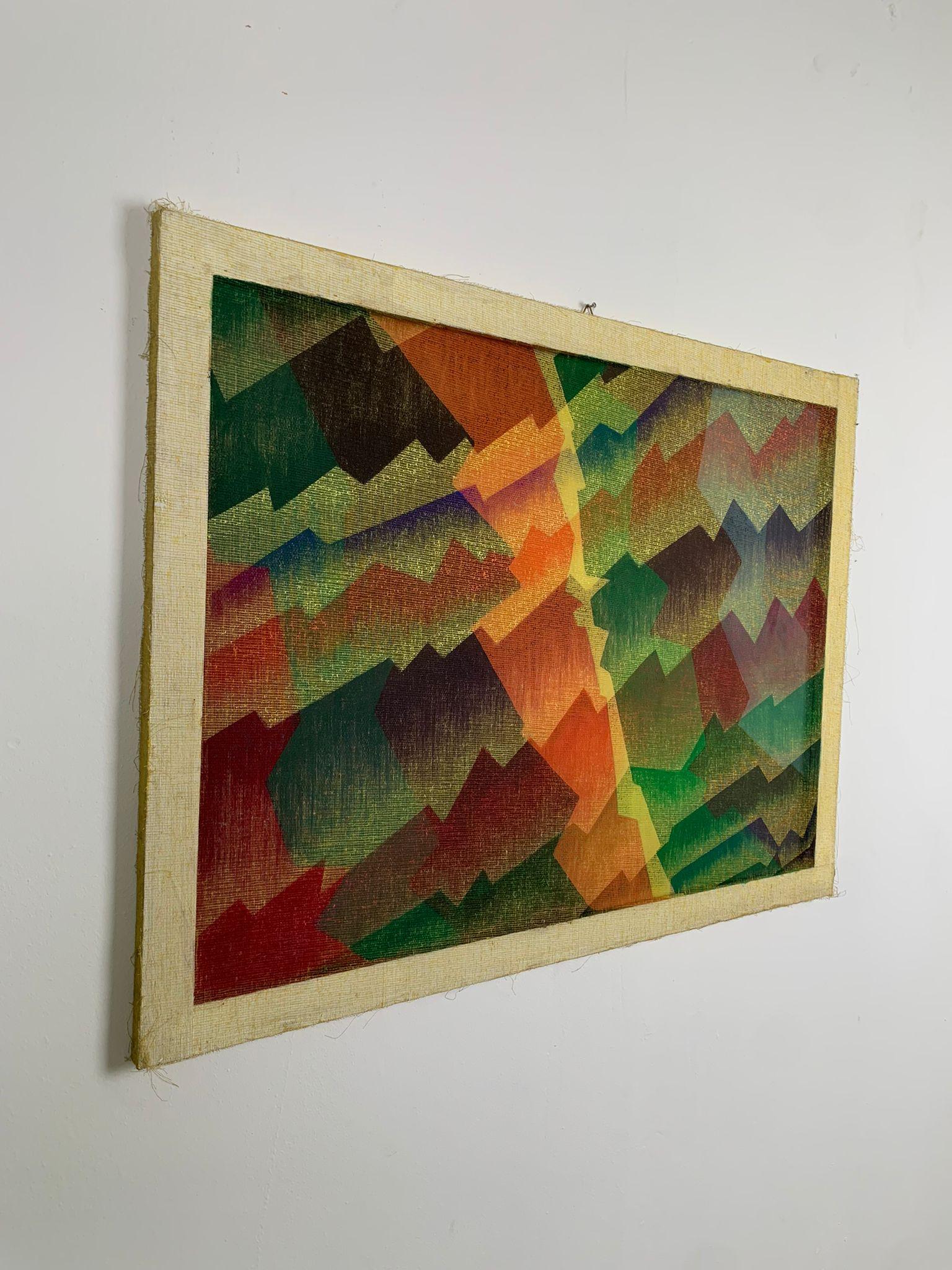 In this work from her geometric period, Isa Di Battista Gorini employs gauze as both a structural and poetic element, layering it over the painted surface like a delicate veil that both reveals and conceals. The geometric forms, essential yet never