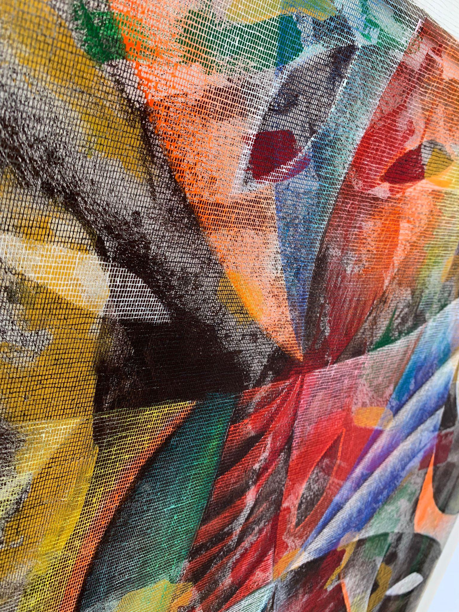 In this work from her geometric period, Isa Di Battista Gorini employs gauze as both a structural and poetic element, layering it over the painted surface like a delicate veil that both reveals and conceals. The geometric forms, essential yet never