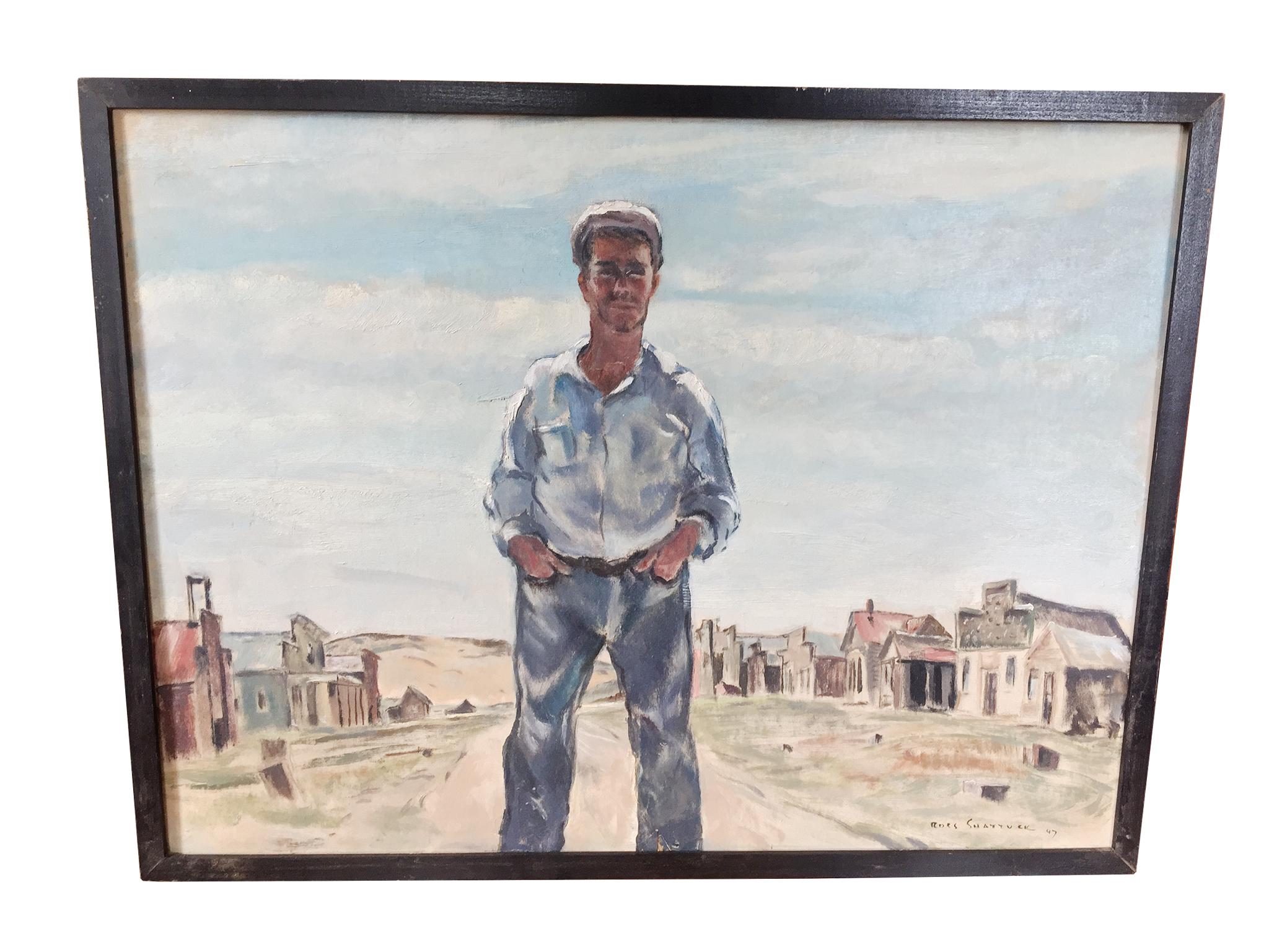 A curious portrait of a man standing at center with a row of houses behind him, by the American artist William Ross Shattuck (1895-1962). The painting is oil on canvas with a recent black wood frame. The man perhaps is a sailor and the scene, a