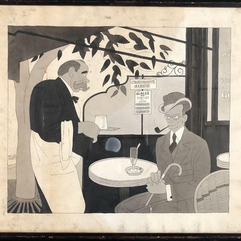 Diese Zeichnung zeigt einen Mann, der in einem Pariser Restaurant isst, und einen Kellner, der dem Herrn eine Tasse bringt.

Ralph Waldo Emerson Barton (14. August 1891 - 19. Mai 1931) war ein amerikanischer Künstler, der vor allem für seine