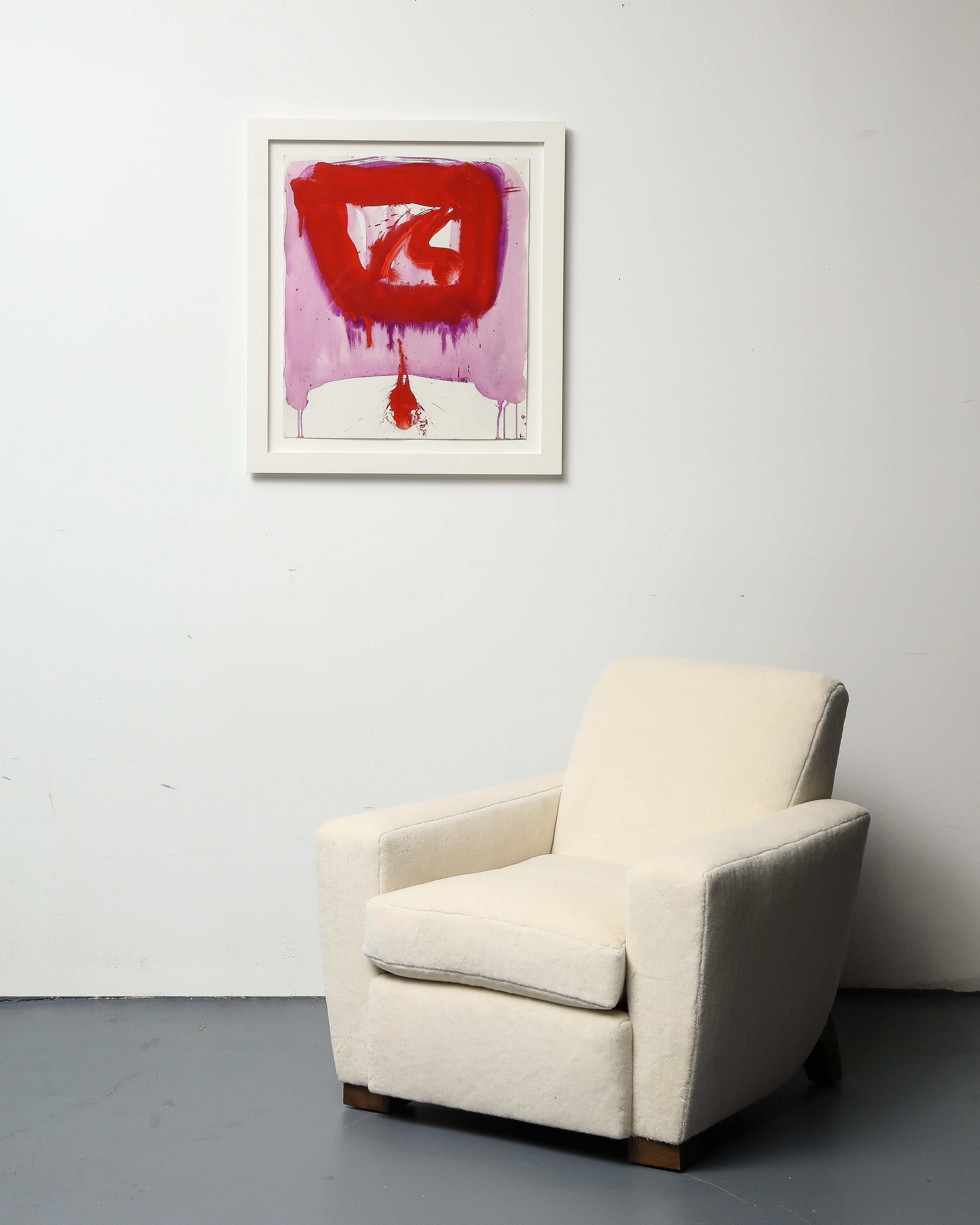 Vibrant red and lilac-pink painting that balances washes with bold strokes. Painted by Ruth Francken in 1963 - recently reframed. 