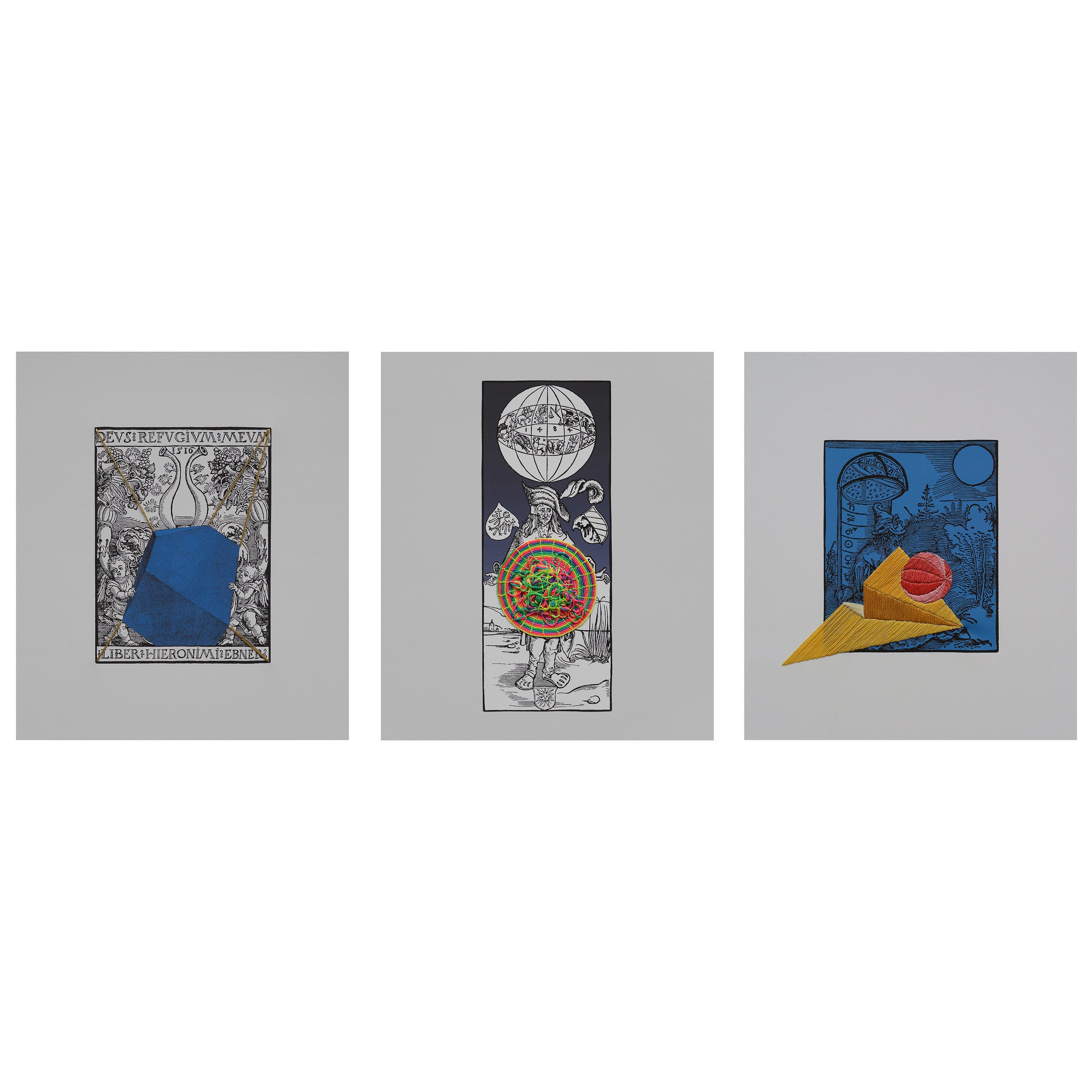 Untitled Triptych. Hand Embroidery on printed cloth. From the Durero series