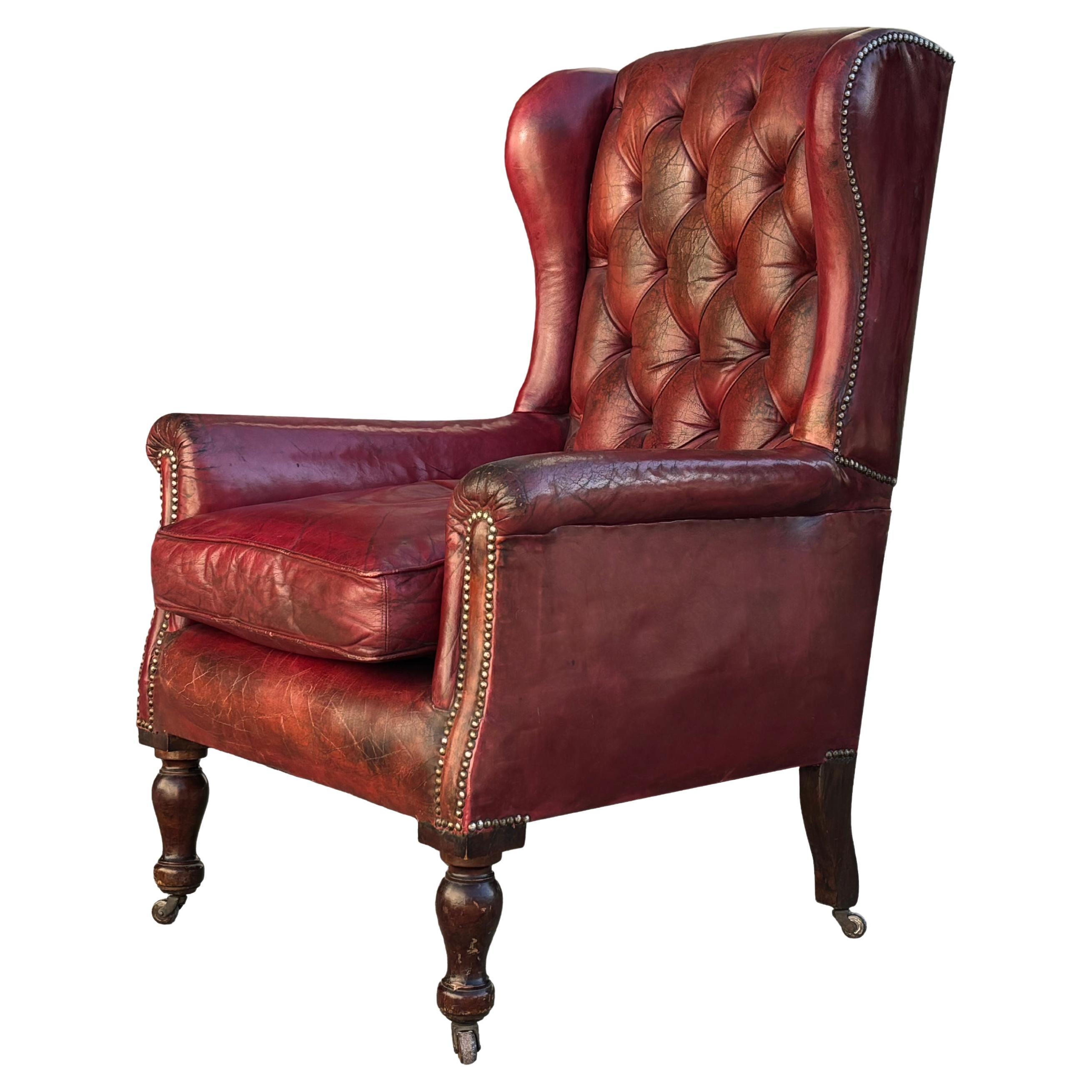 Untouched 19th Century Victorian Red Leather Wing Armchair
