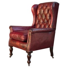 Untouched 19th Century Victorian Red Leather Wing Armchair
