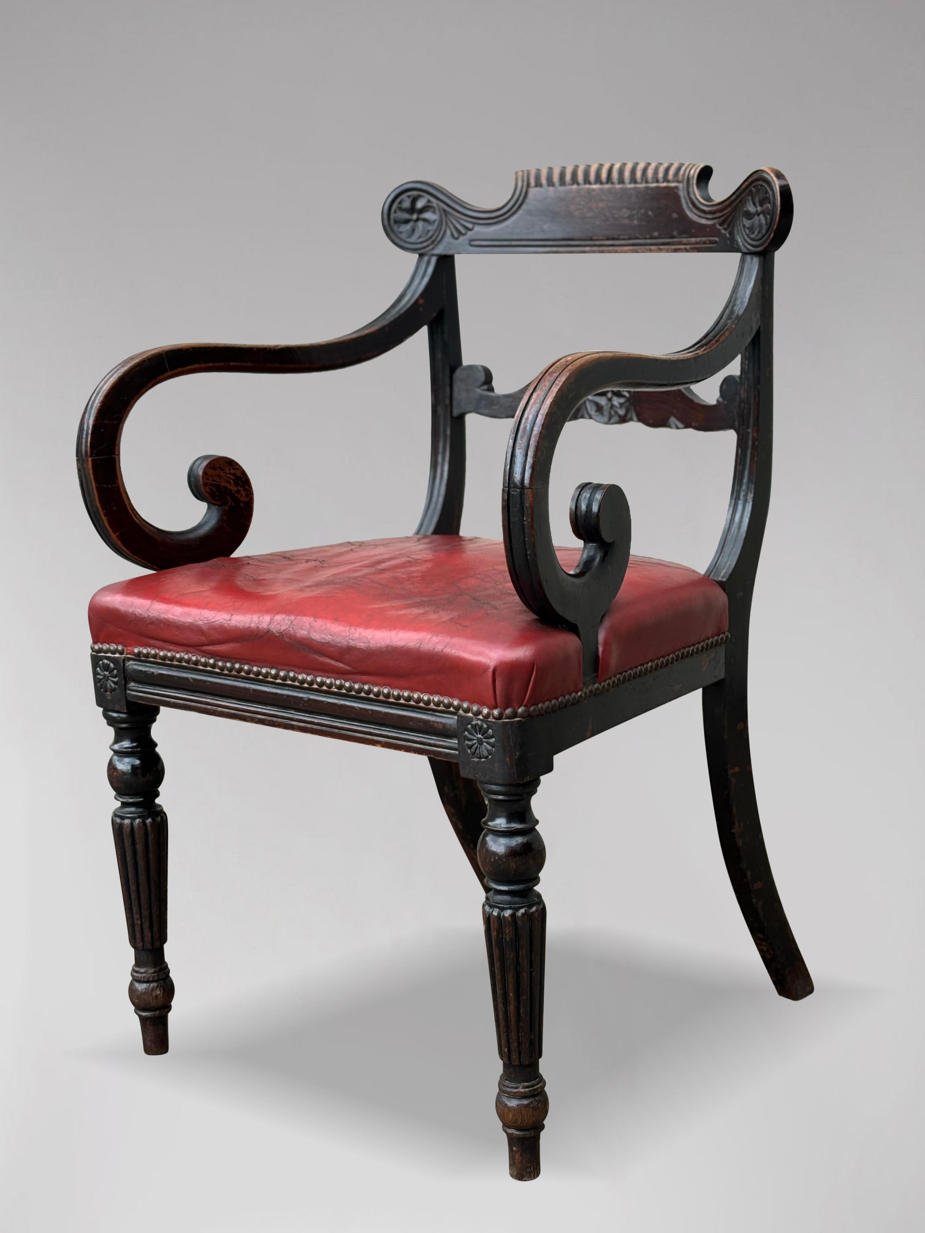 British Untouched Early 19th Century Georgian Mahogany & Leather Armchair For Sale