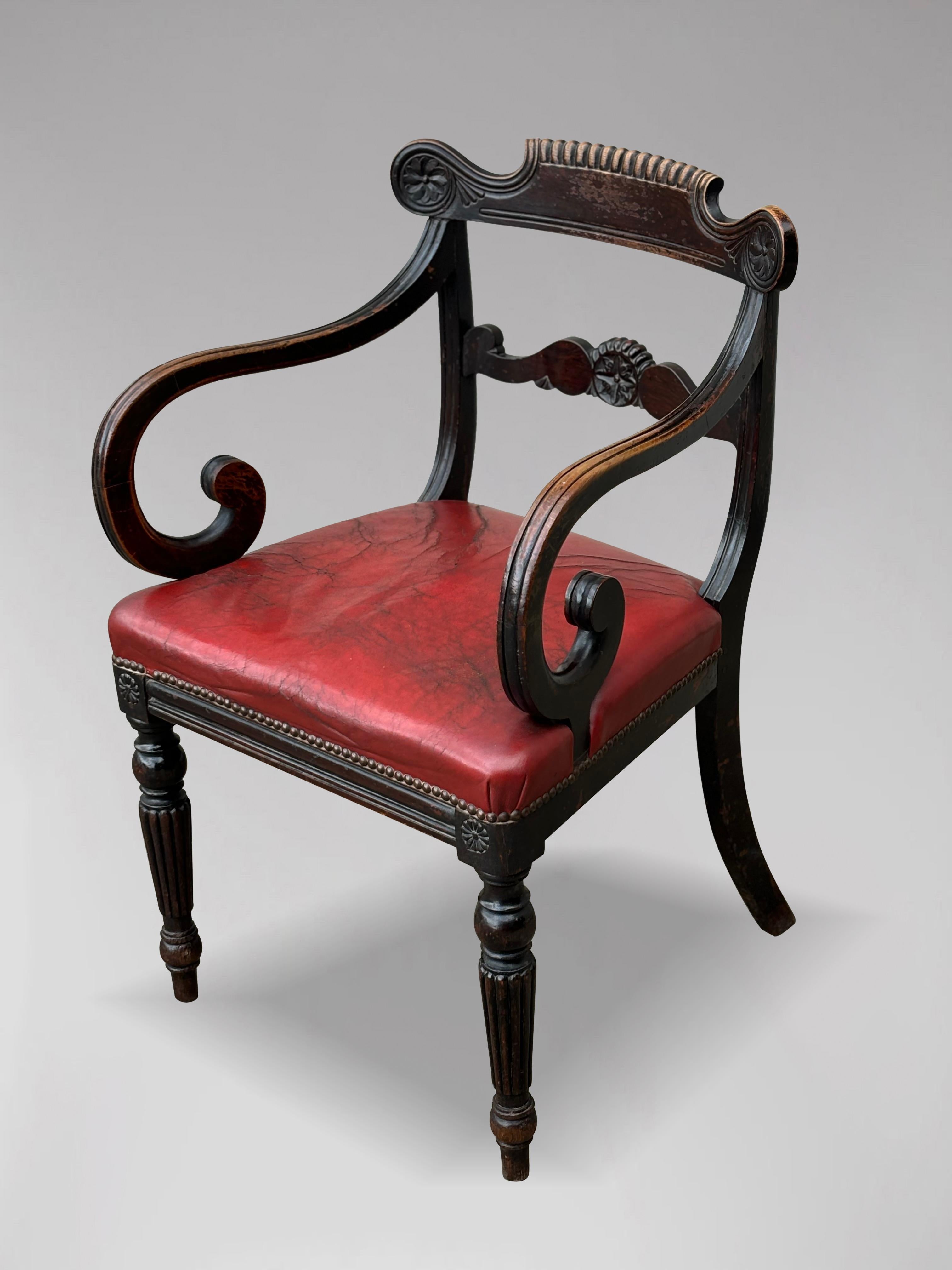 Polished Untouched Early 19th Century Georgian Mahogany & Leather Armchair For Sale