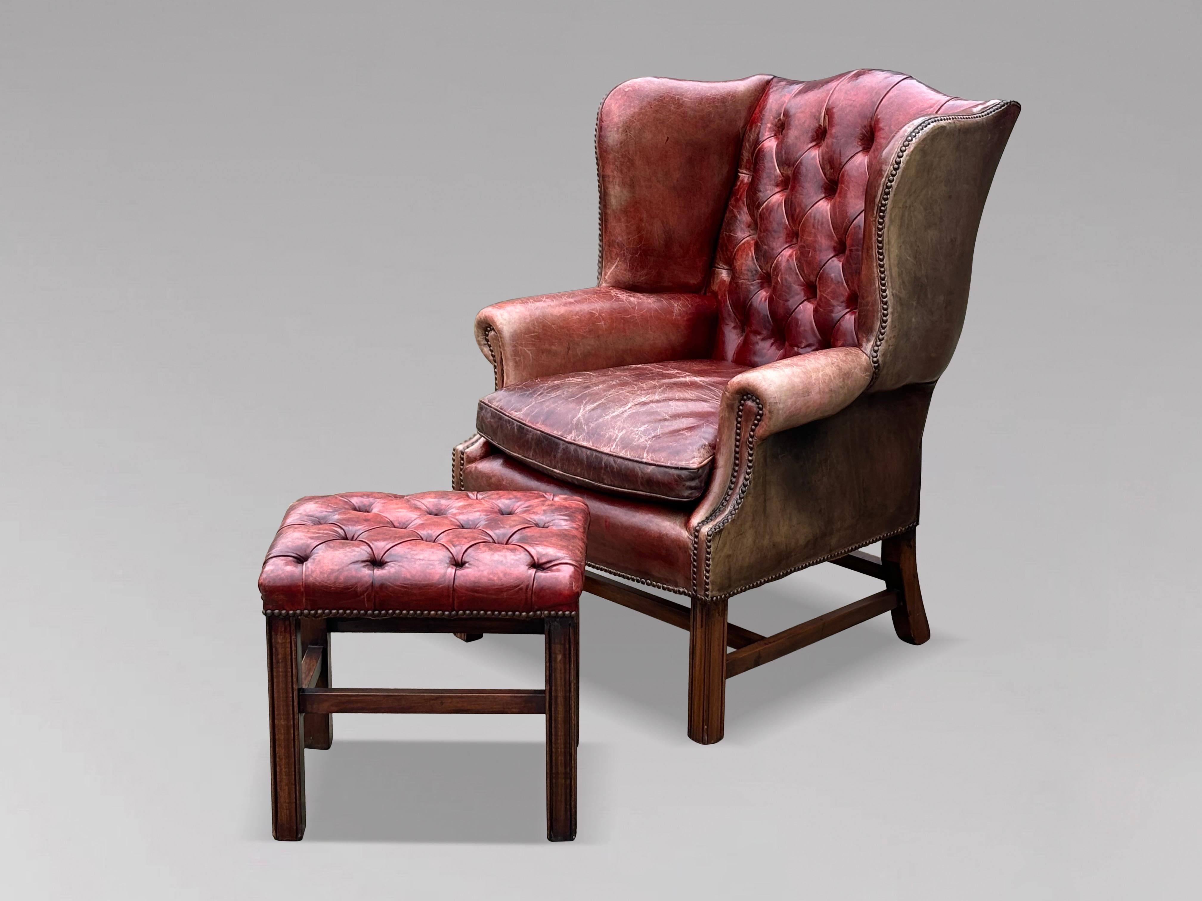 Late Victorian Untouched Late 19th Century Full Button Burgundy Leather Wing Armchair