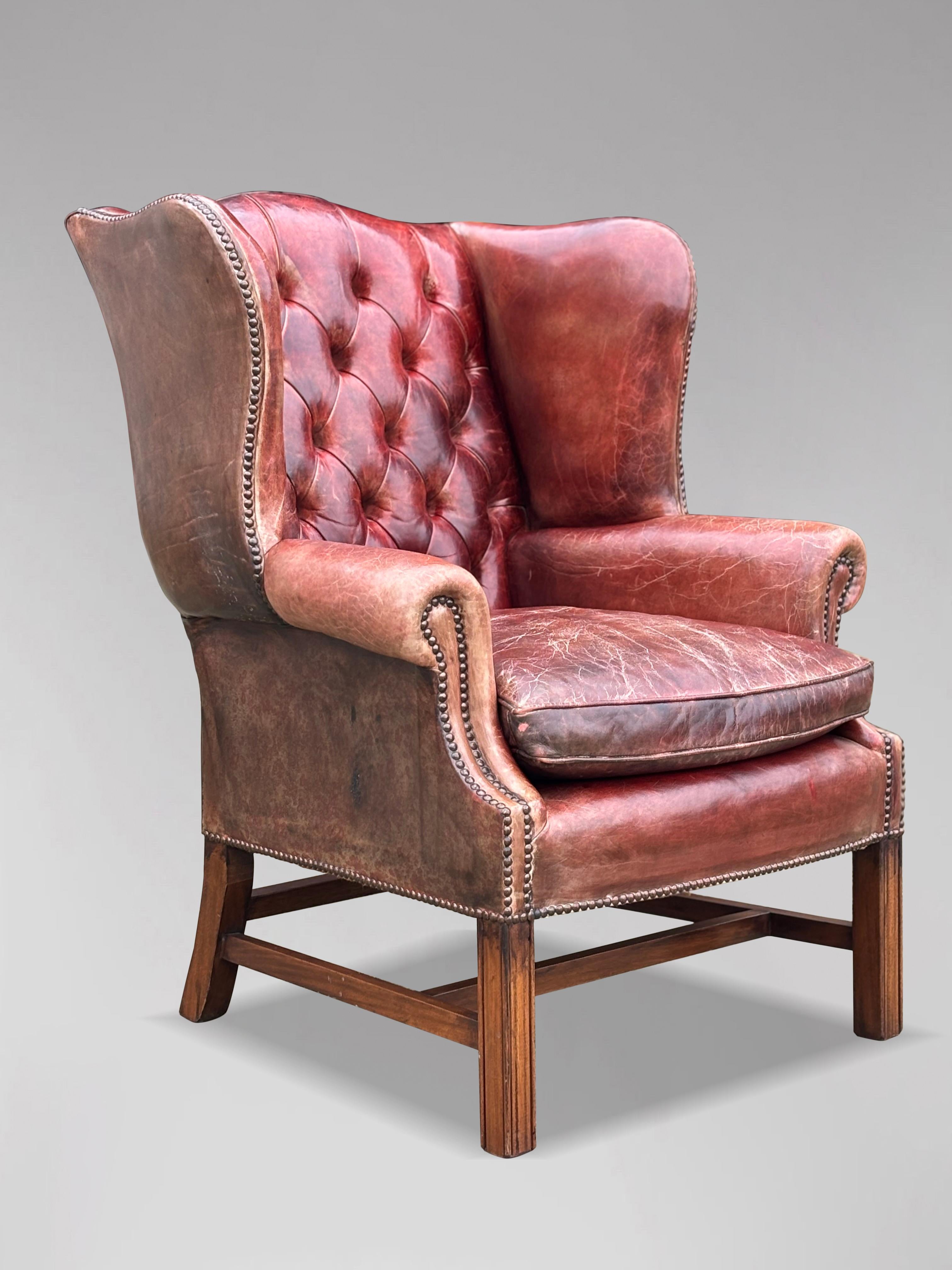 British Untouched Late 19th Century Full Button Burgundy Leather Wing Armchair